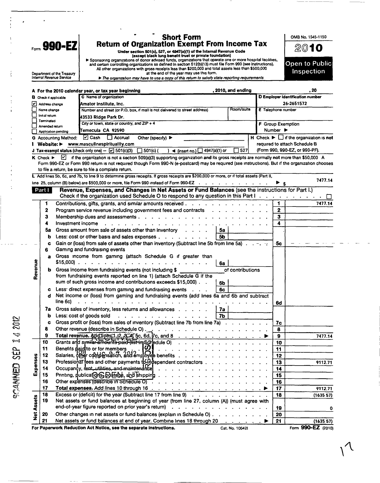 Image of first page of 2010 Form 990EZ for The Amator Institute the Mens Academy