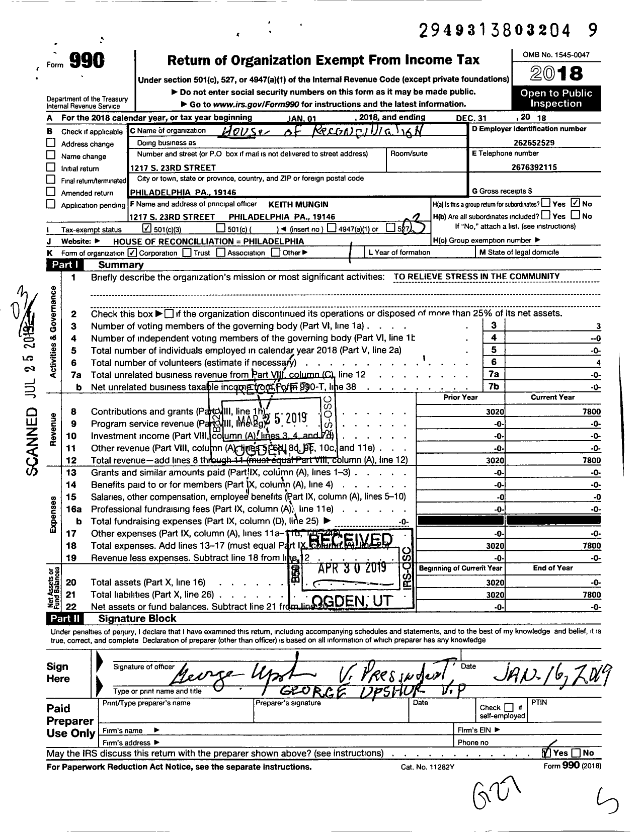 Image of first page of 2018 Form 990 for House of Reconciliation