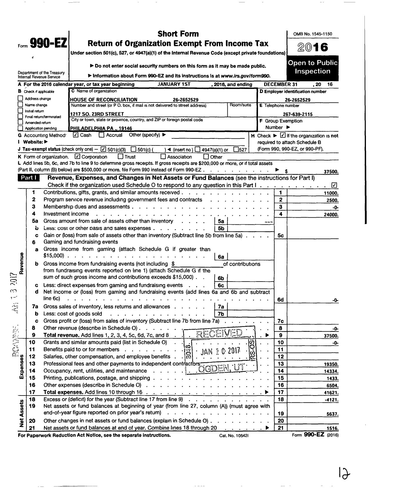 Image of first page of 2016 Form 990EZ for House of Reconciliation