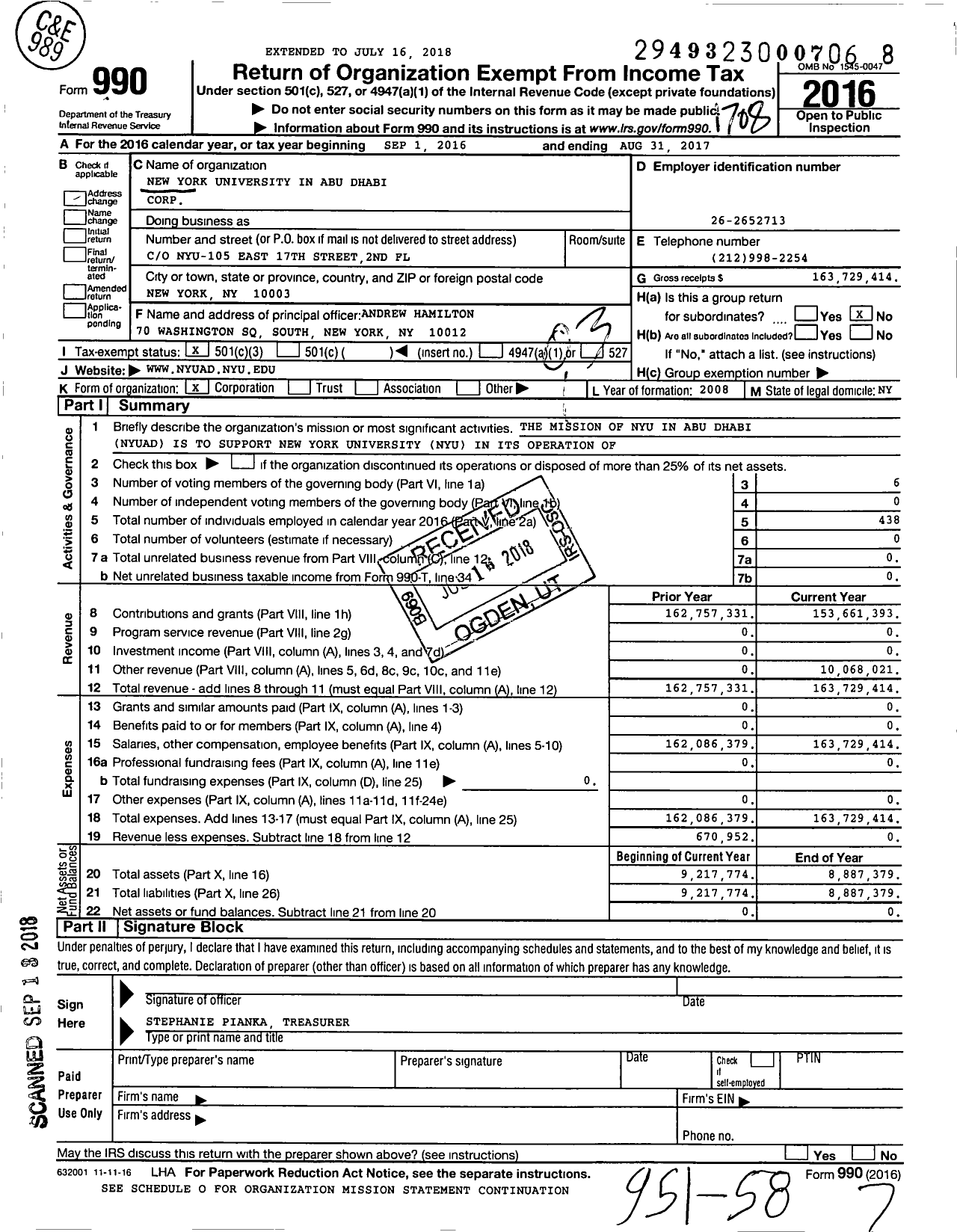 Image of first page of 2016 Form 990 for New York University in Abu Dhabi Corporation