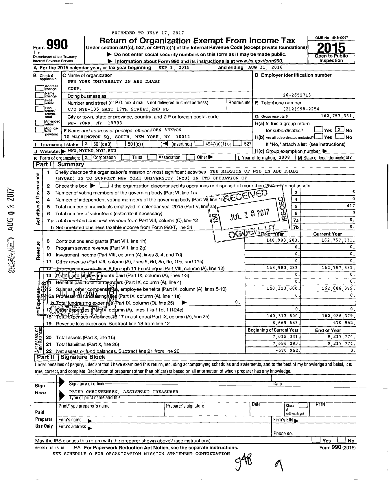 Image of first page of 2015 Form 990 for New York University in Abu Dhabi Corporation