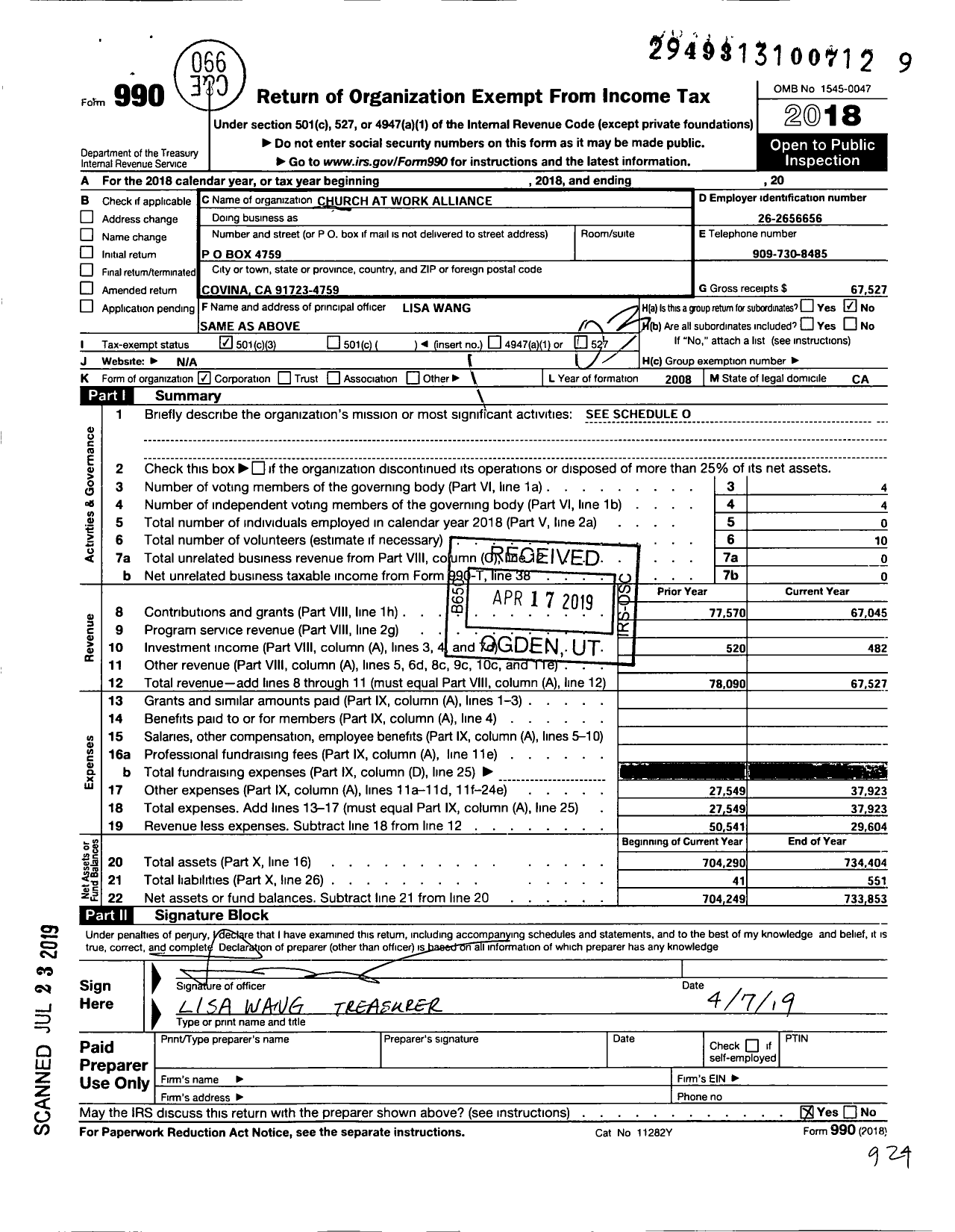 Image of first page of 2018 Form 990 for Church At Work Alliance