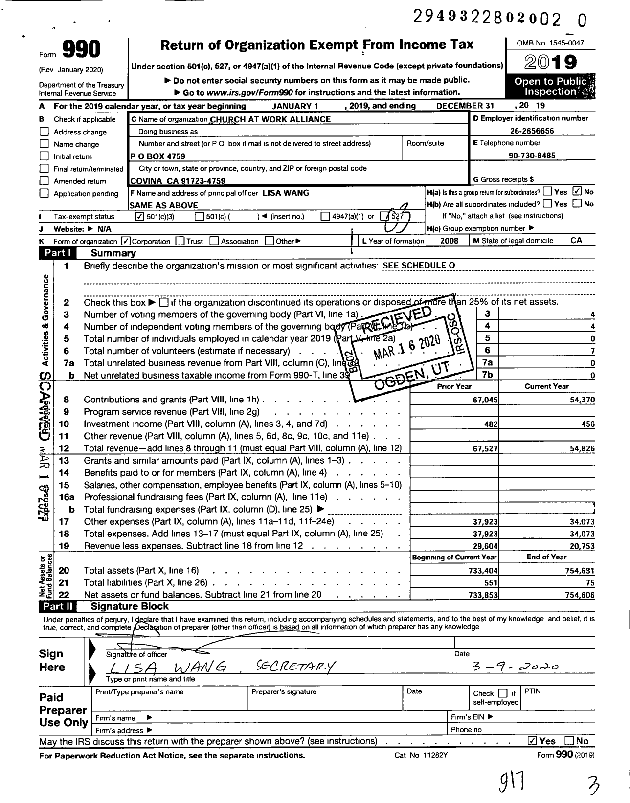 Image of first page of 2019 Form 990 for Church At Work Alliance