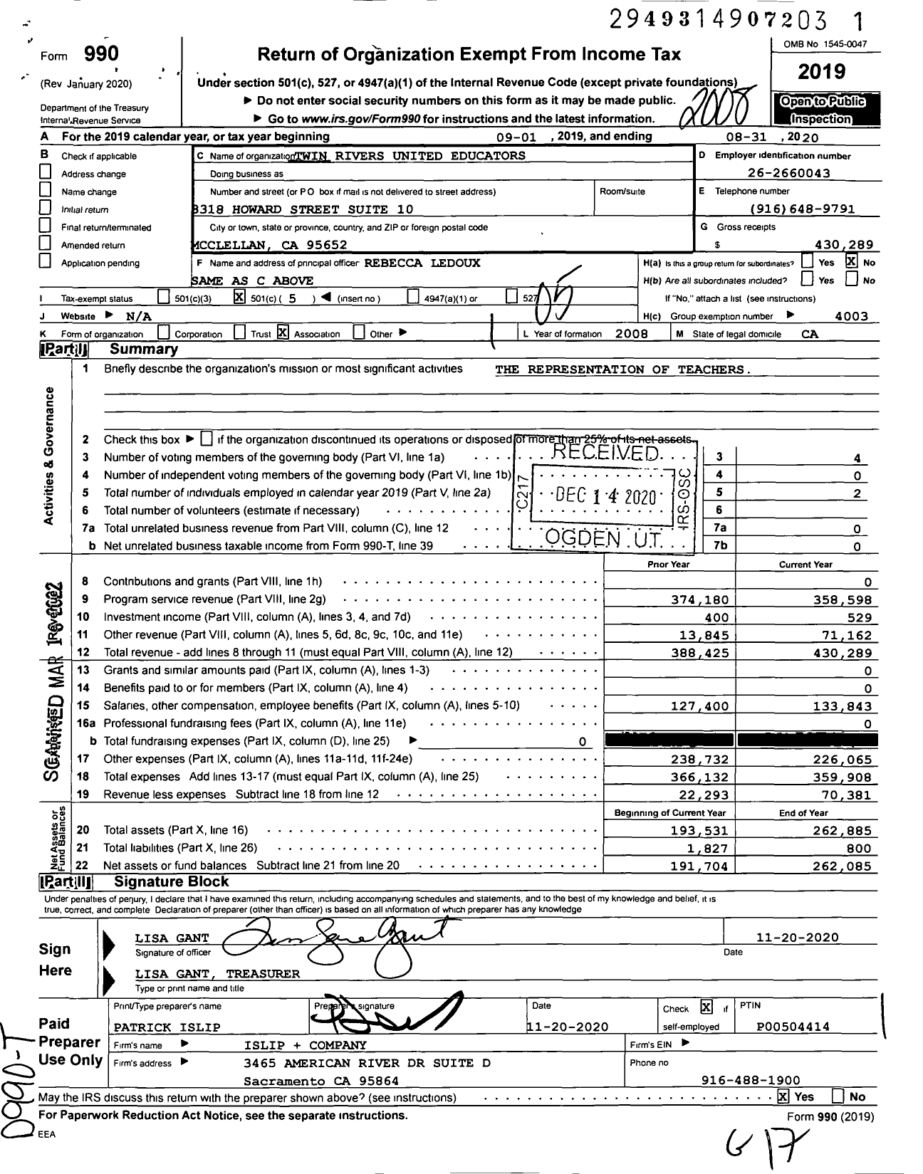 Image of first page of 2019 Form 990O for California Teachers Association - Twin Rivers United Educators