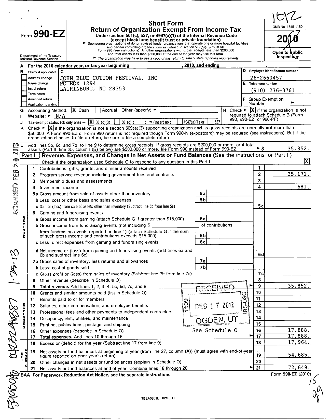 Image of first page of 2010 Form 990EZ for John Blue Cotton Festival