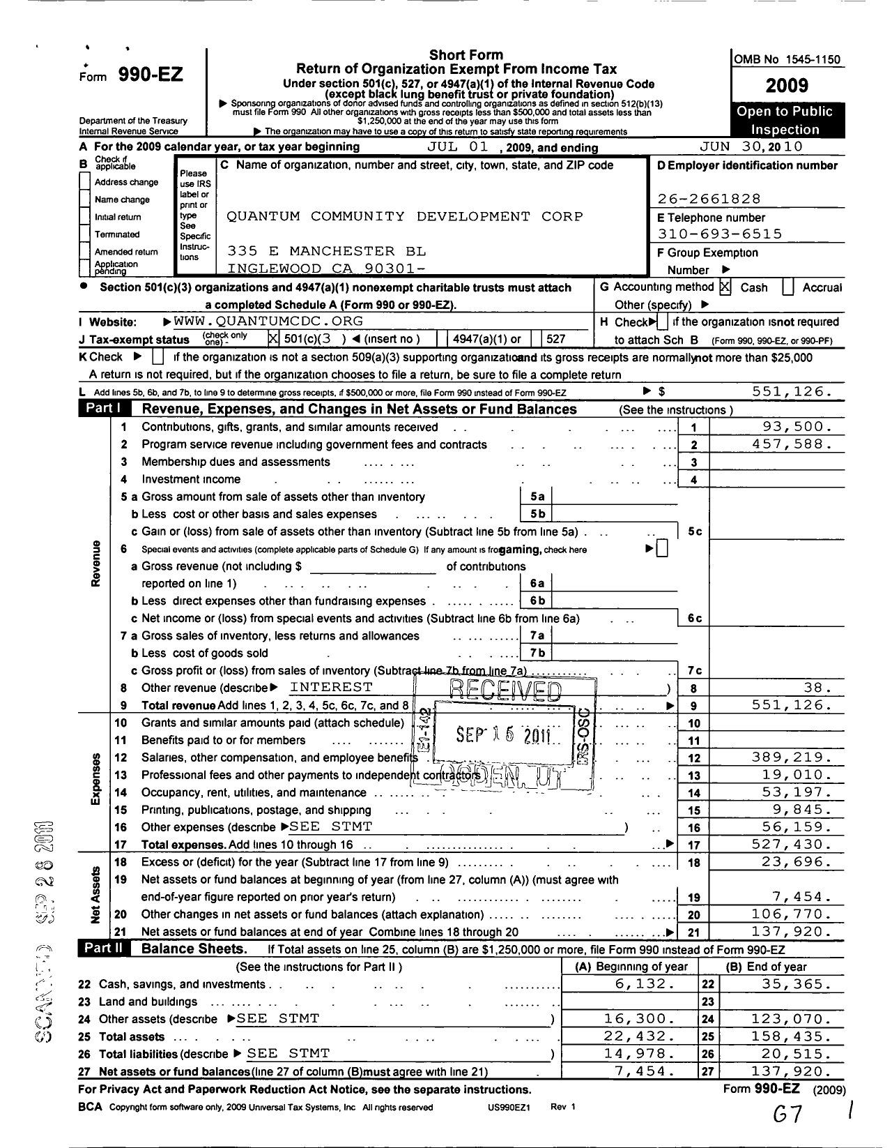 Image of first page of 2009 Form 990EZ for Quantum CDC