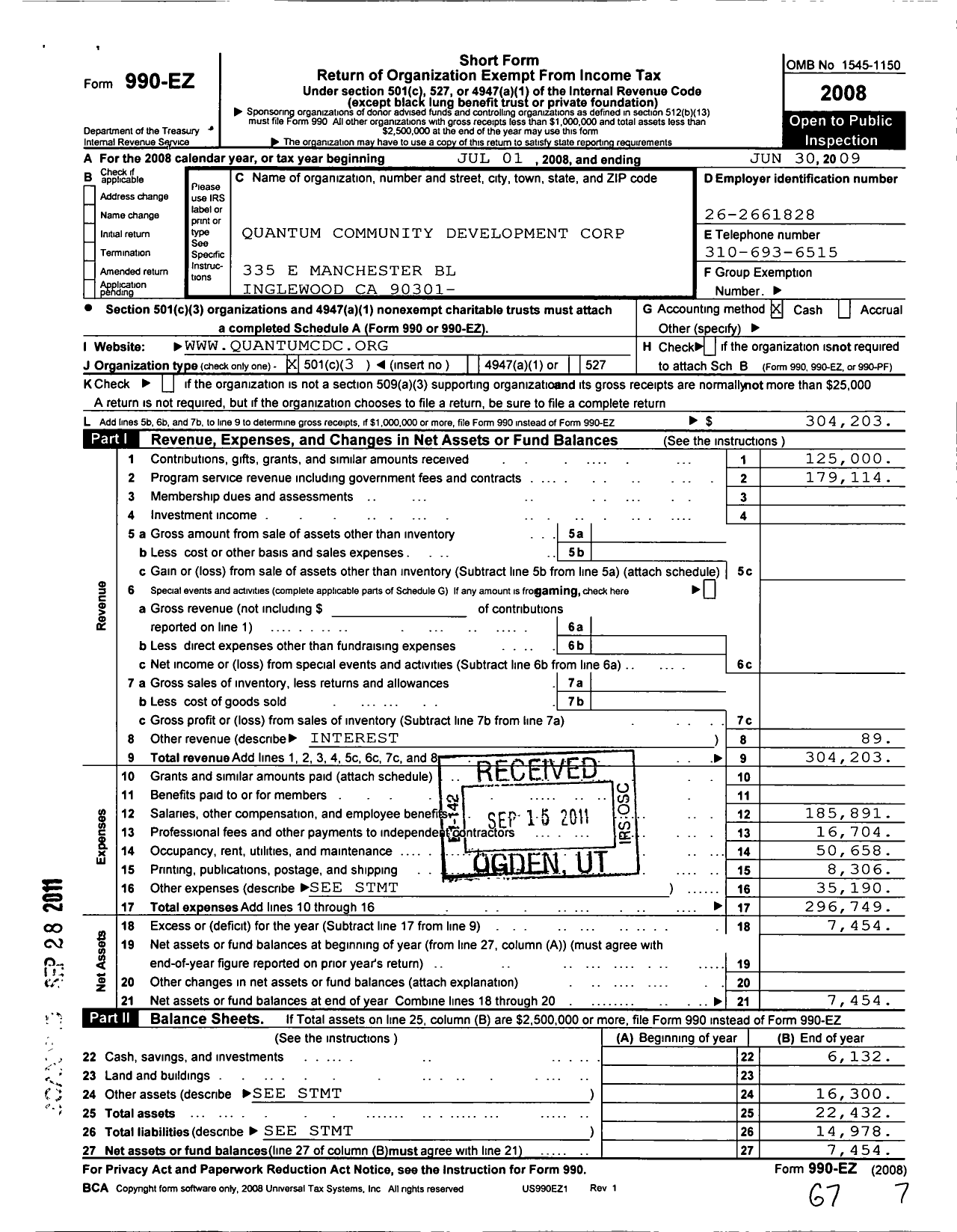 Image of first page of 2008 Form 990EZ for Quantum CDC