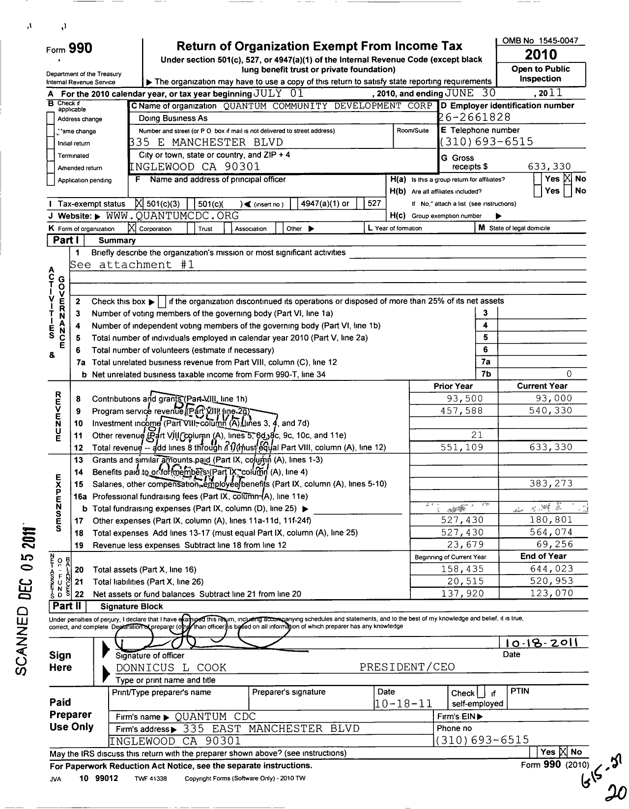 Image of first page of 2010 Form 990 for Quantum CDC