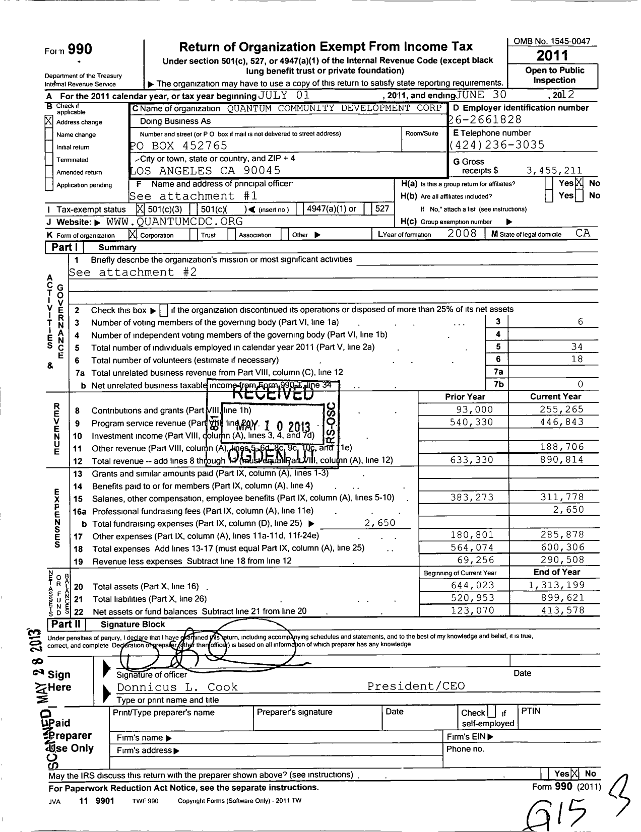 Image of first page of 2011 Form 990 for Quantum CDC