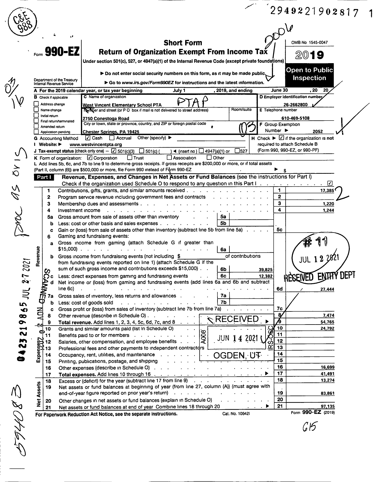 Image of first page of 2019 Form 990EZ for PTA PENNSYLVANIA CONGRESS / West Vincent Elementary School PTA