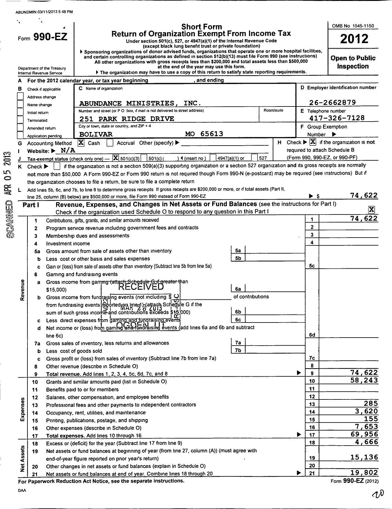 Image of first page of 2012 Form 990EZ for Abundance Ministries