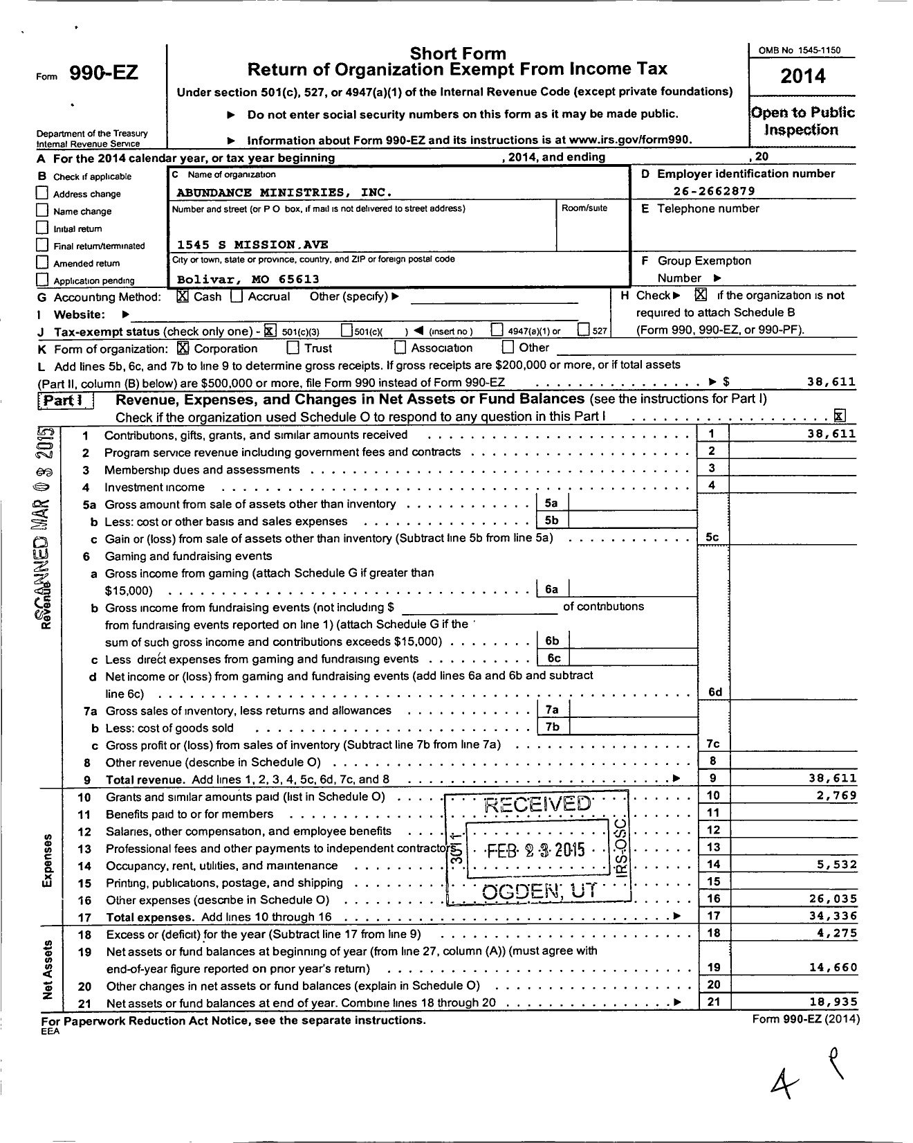 Image of first page of 2014 Form 990EZ for Abundance Ministries