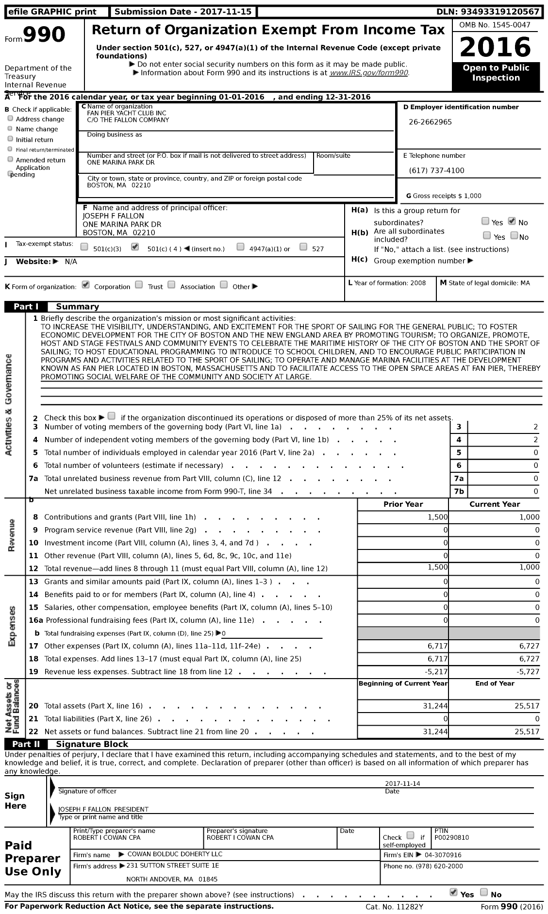 Image of first page of 2016 Form 990 for Fan Pier Yacht Club