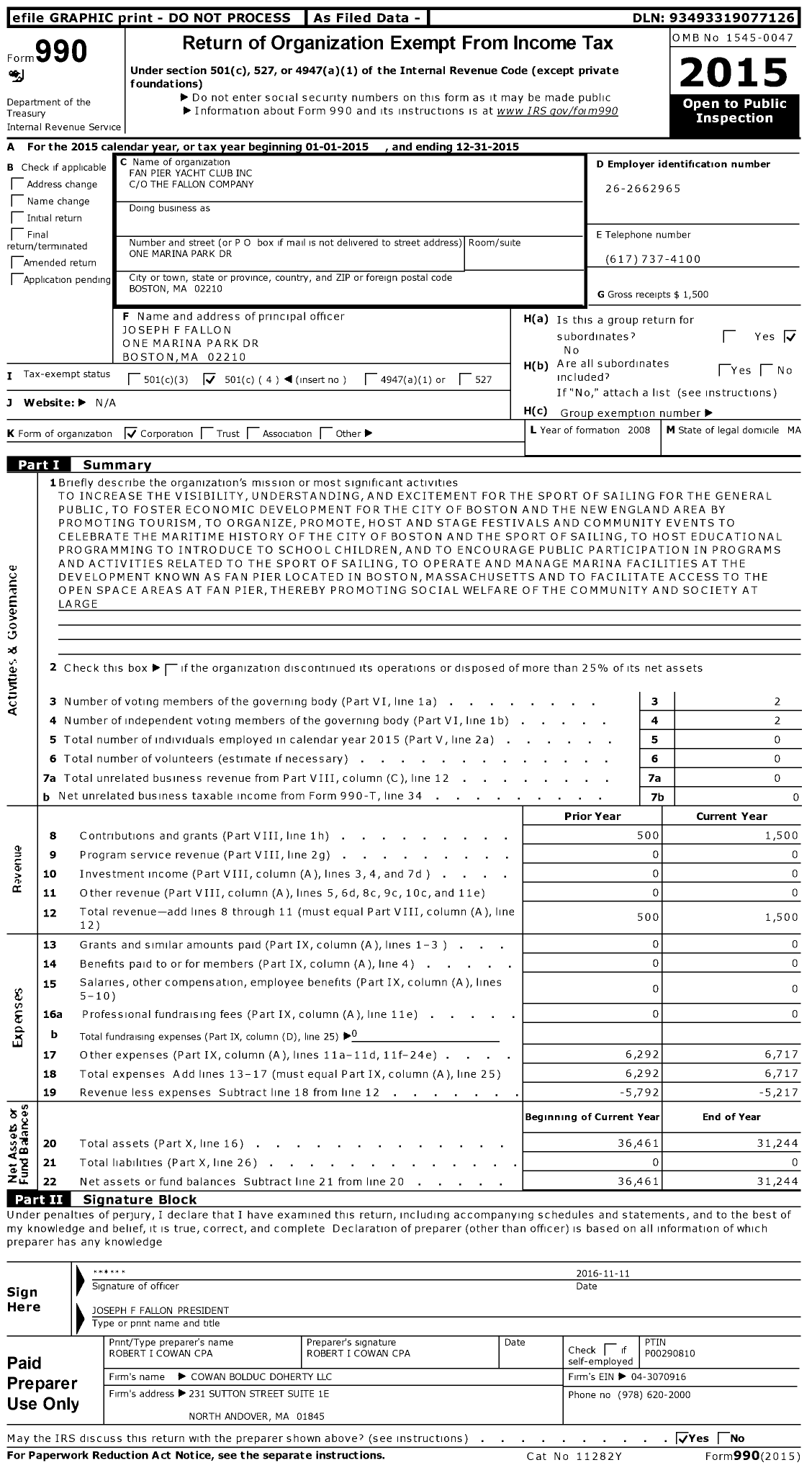 Image of first page of 2015 Form 990O for Fan Pier Yacht Club