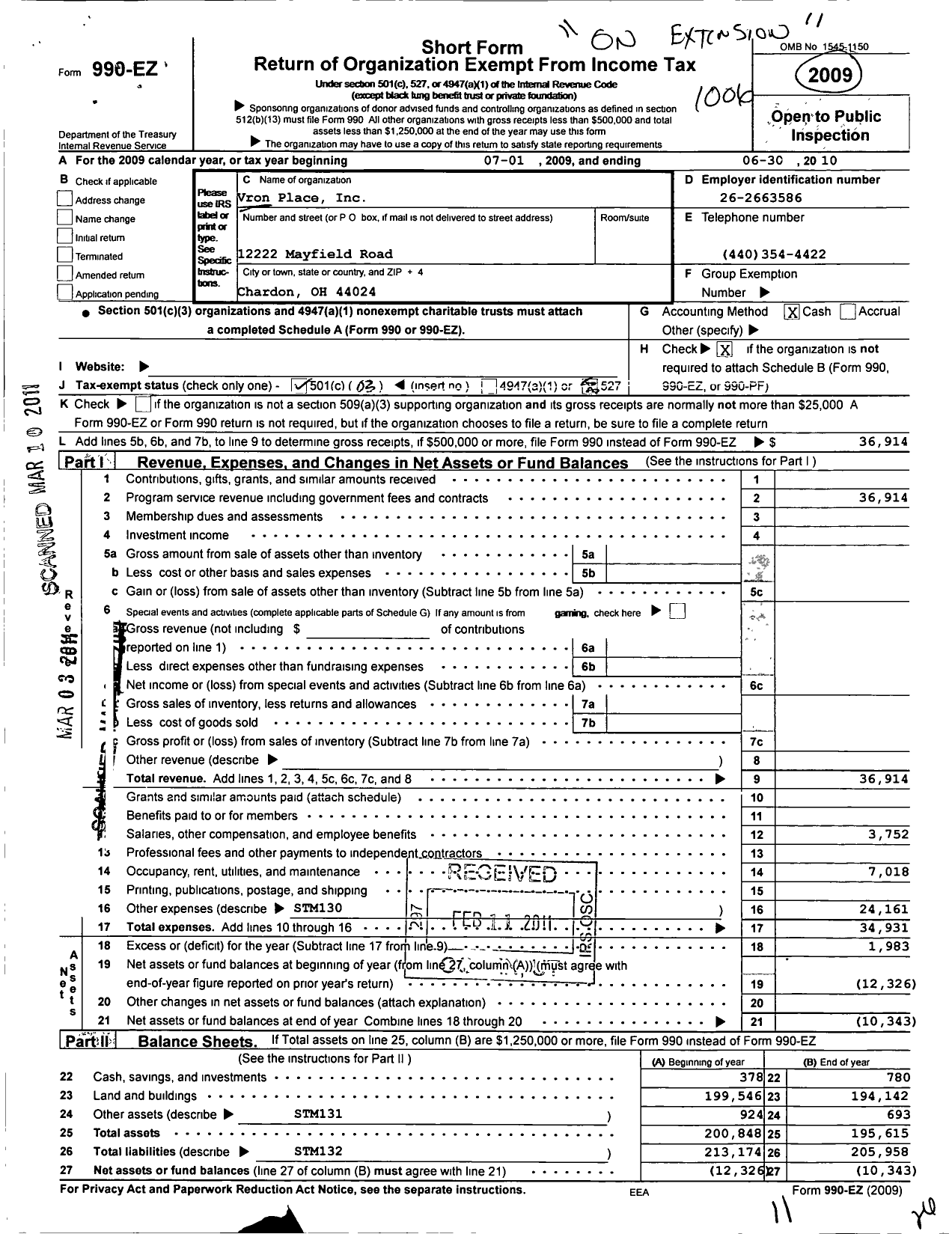 Image of first page of 2009 Form 990EZ for Vron Place