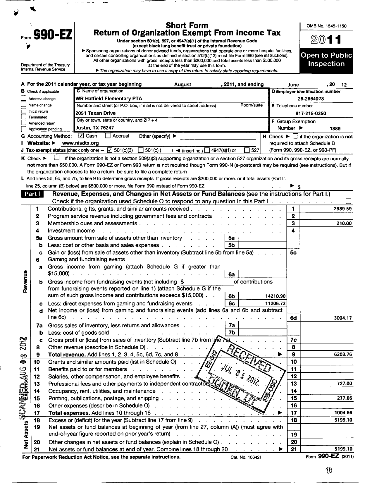 Image of first page of 2011 Form 990EZ for Texas PTA - 7018 W R Hatfield Elementary PTA