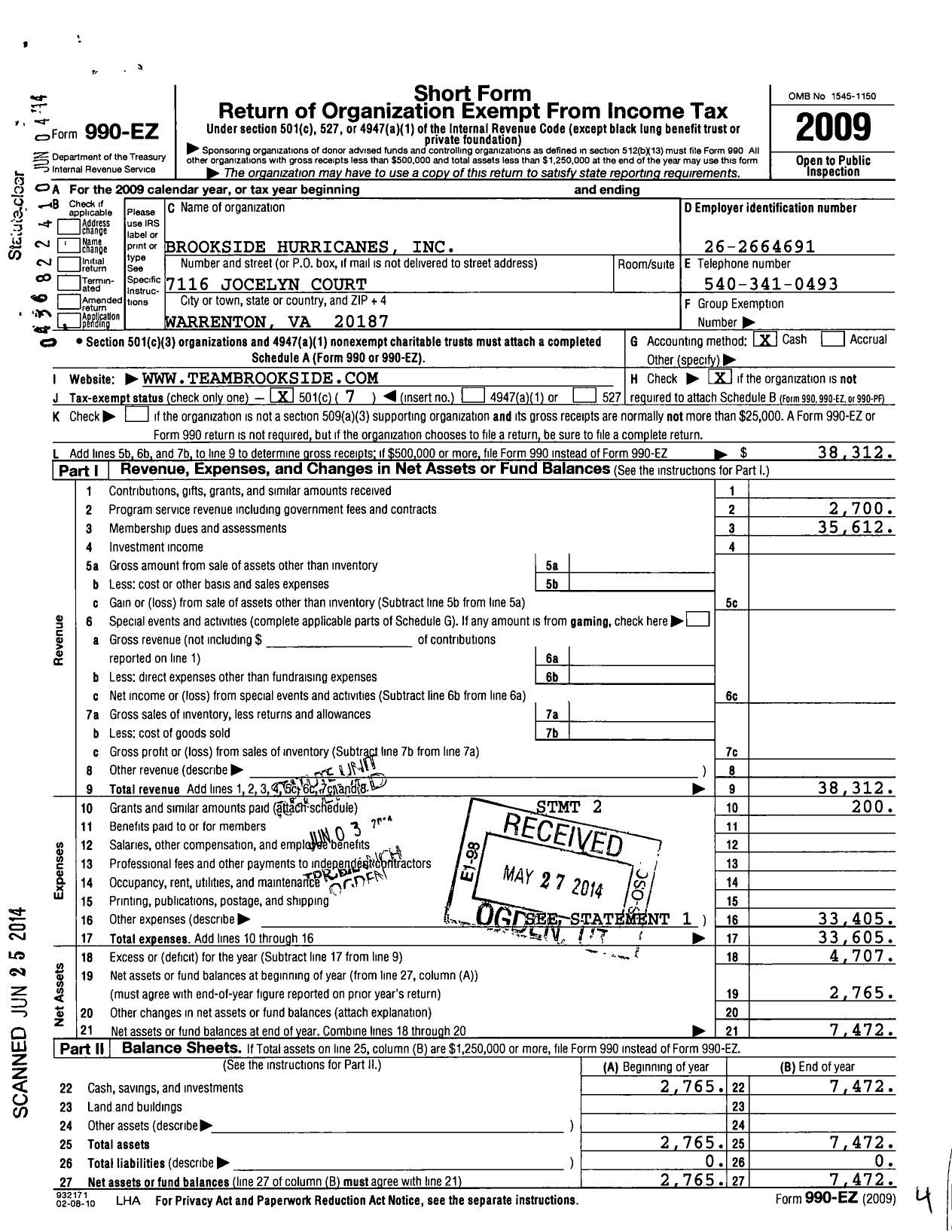 Image of first page of 2009 Form 990EO for Brookside Hurricanes