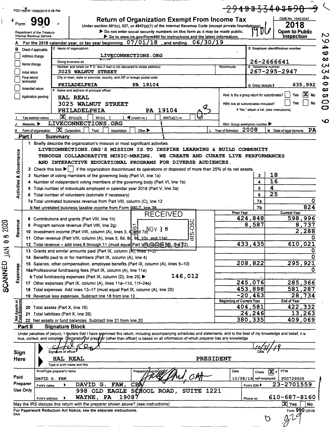 Image of first page of 2018 Form 990 for LiveConnectionsorg