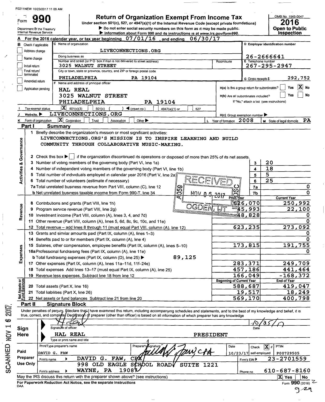Image of first page of 2016 Form 990 for LiveConnectionsorg
