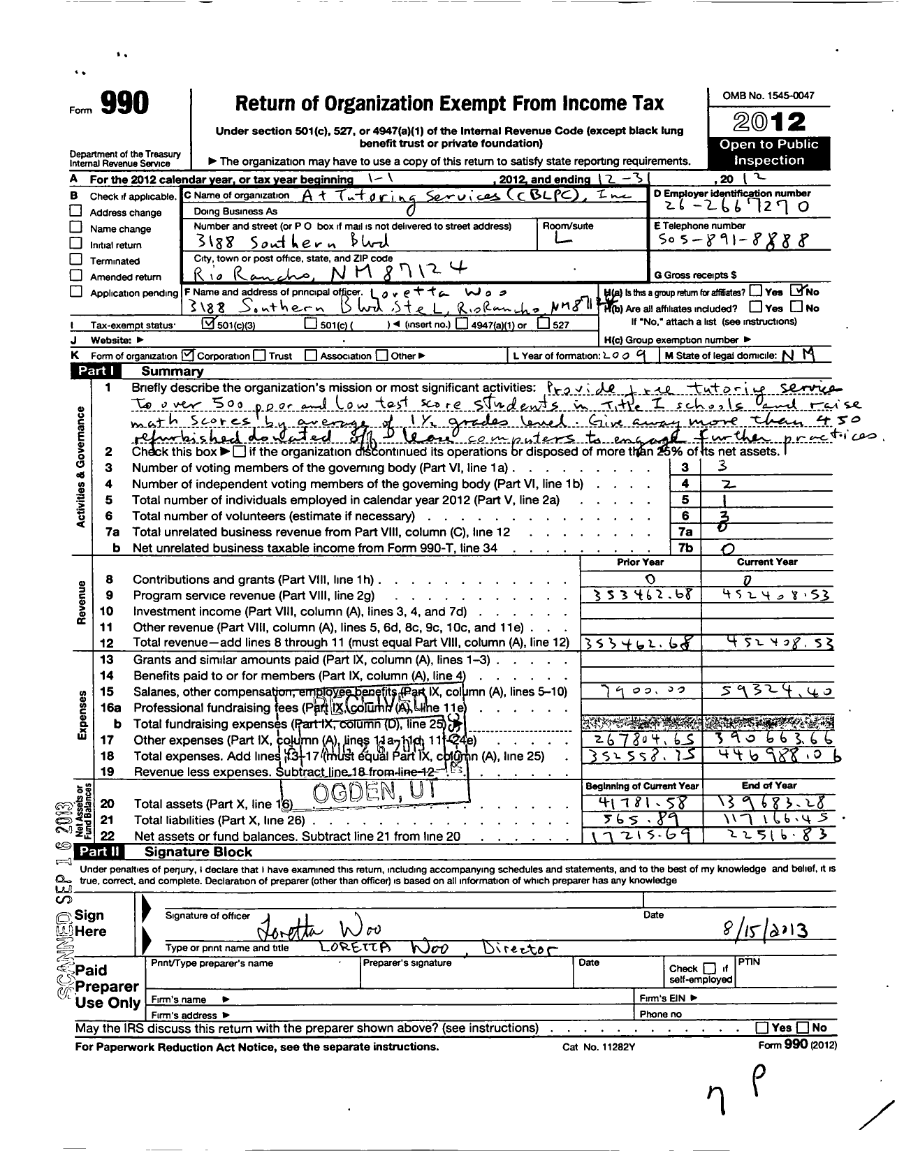 Image of first page of 2012 Form 990 for A Tutoring Services CBLPC