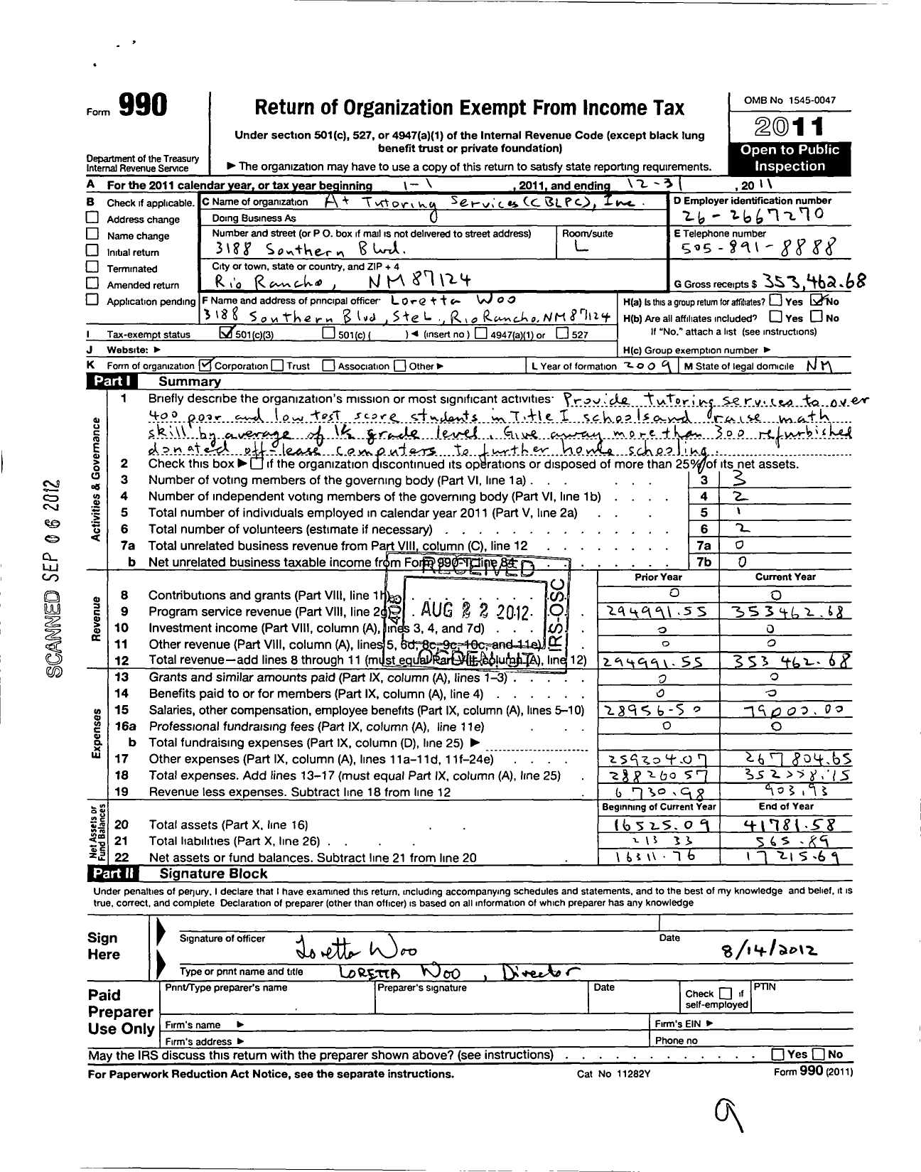 Image of first page of 2011 Form 990 for A Tutoring Services CBLPC