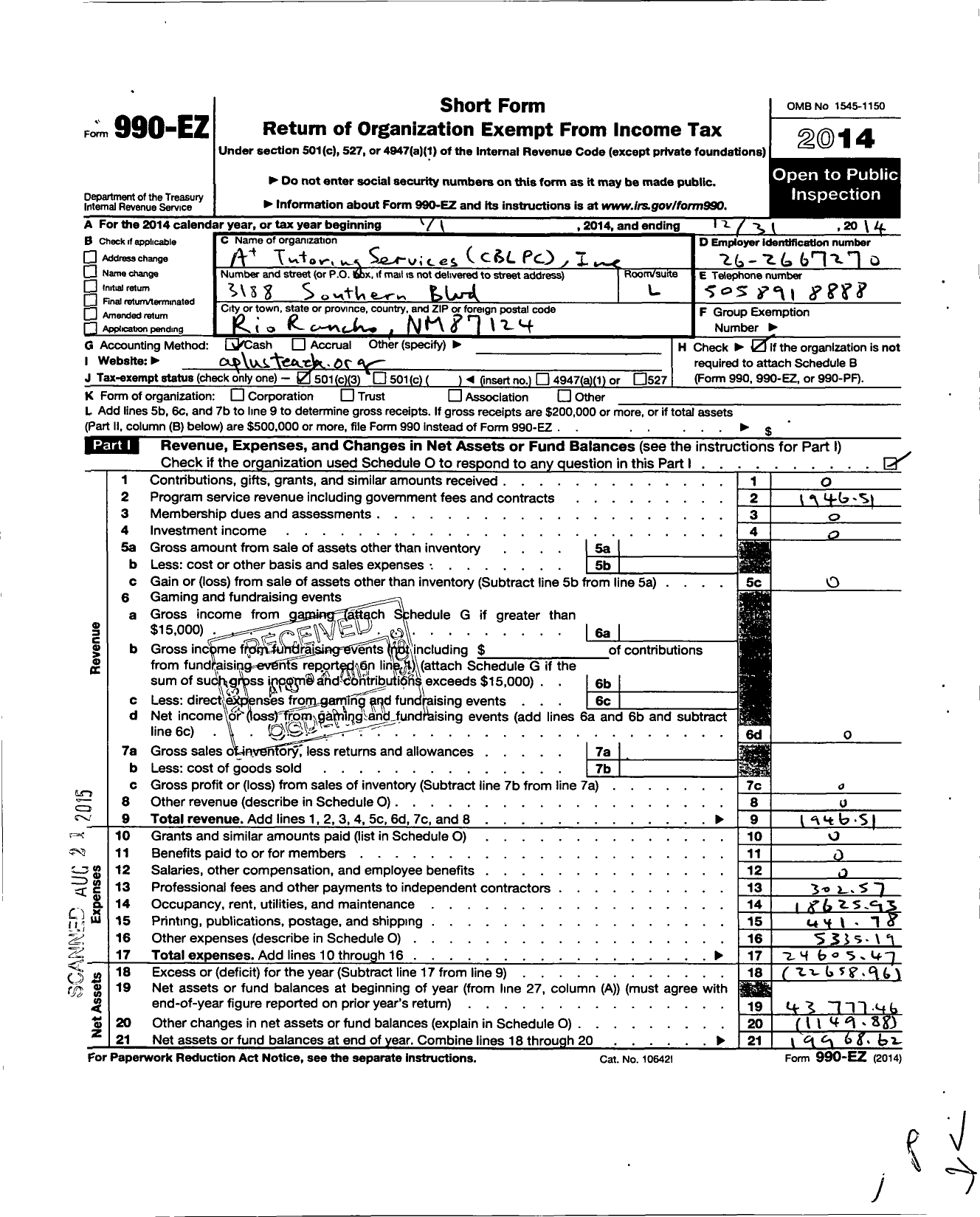 Image of first page of 2014 Form 990EZ for A Tutoring Services CBLPC