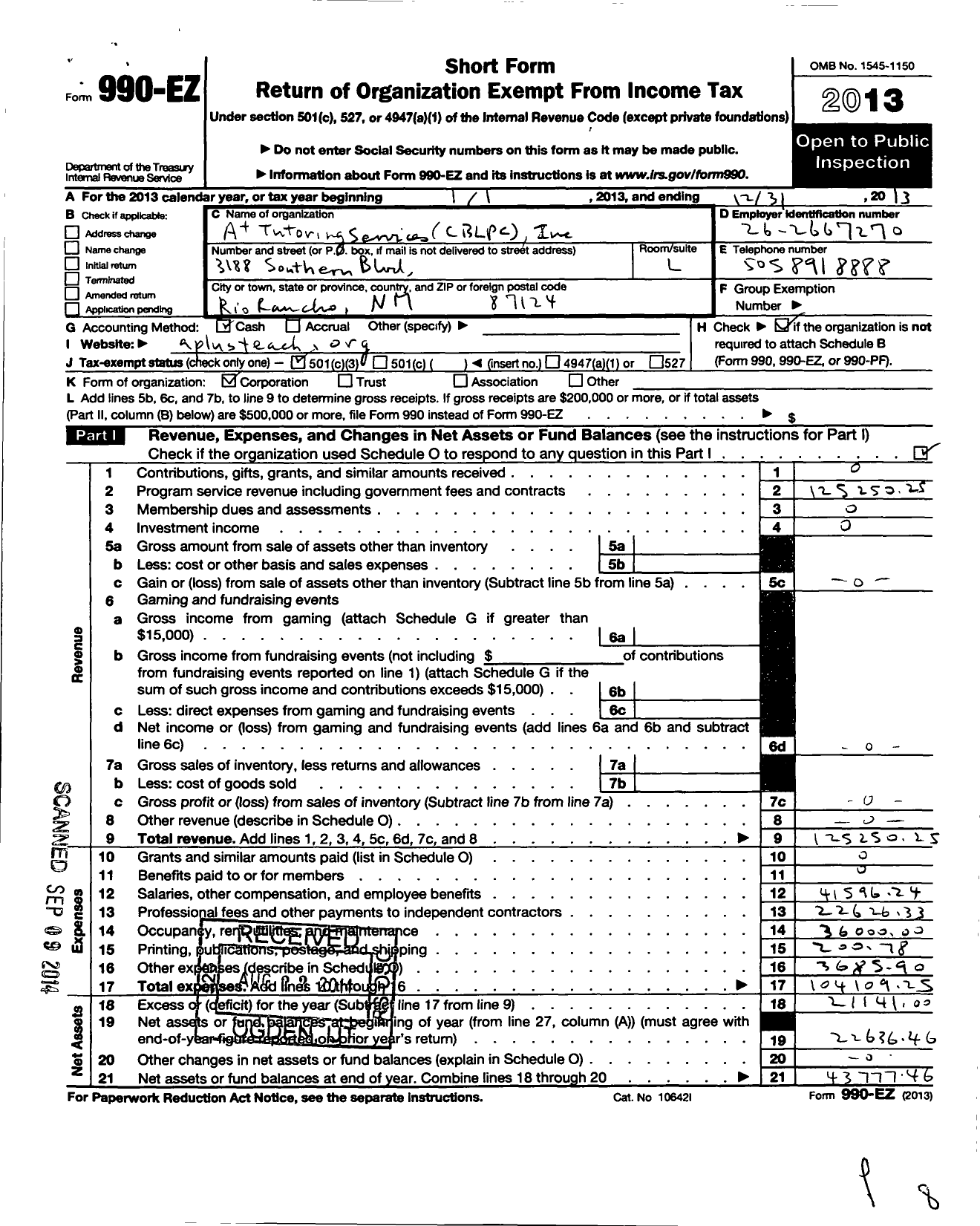 Image of first page of 2013 Form 990EZ for A Tutoring Services CBLPC