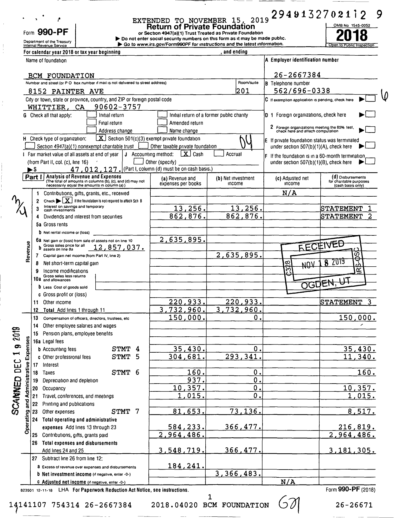 Image of first page of 2018 Form 990PF for BCM Foundation