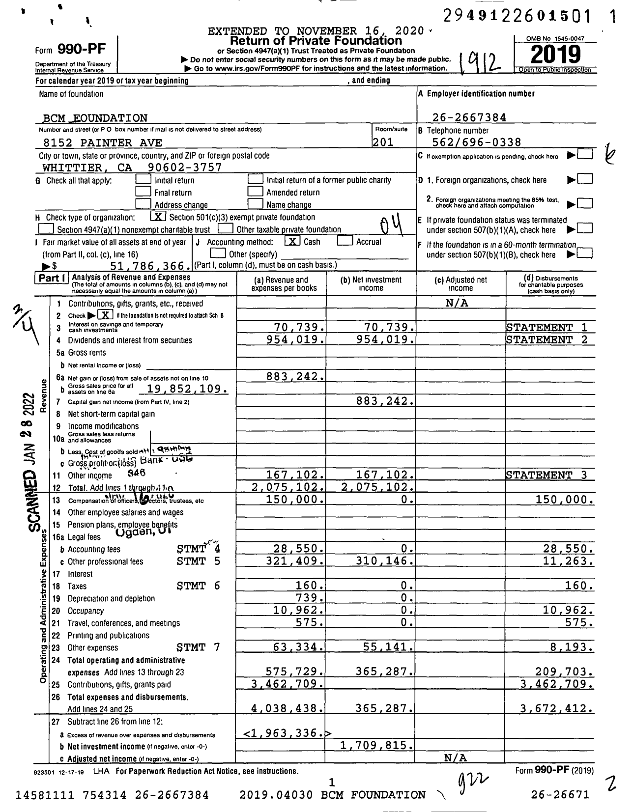 Image of first page of 2019 Form 990PF for BCM Foundation