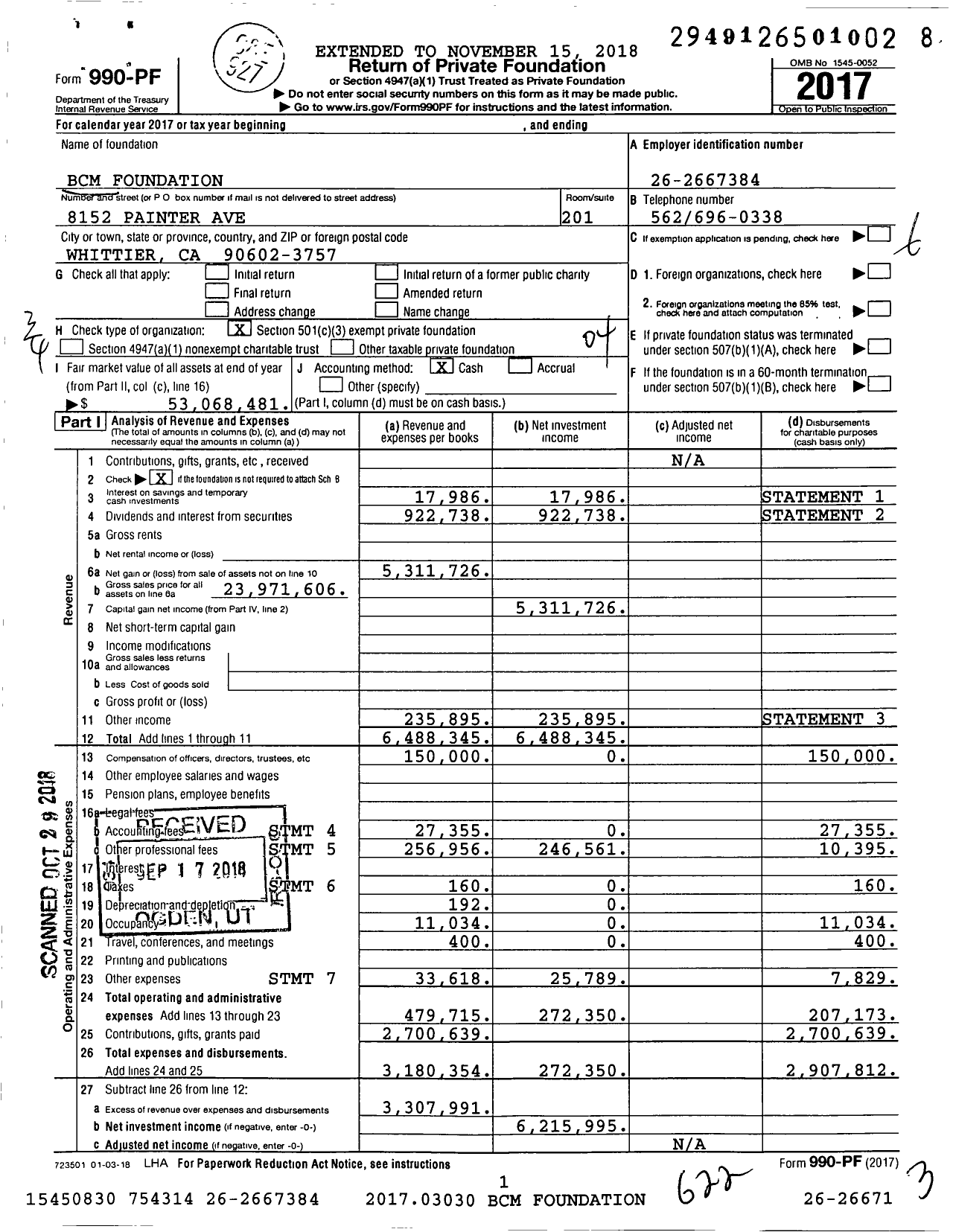 Image of first page of 2017 Form 990PF for BCM Foundation