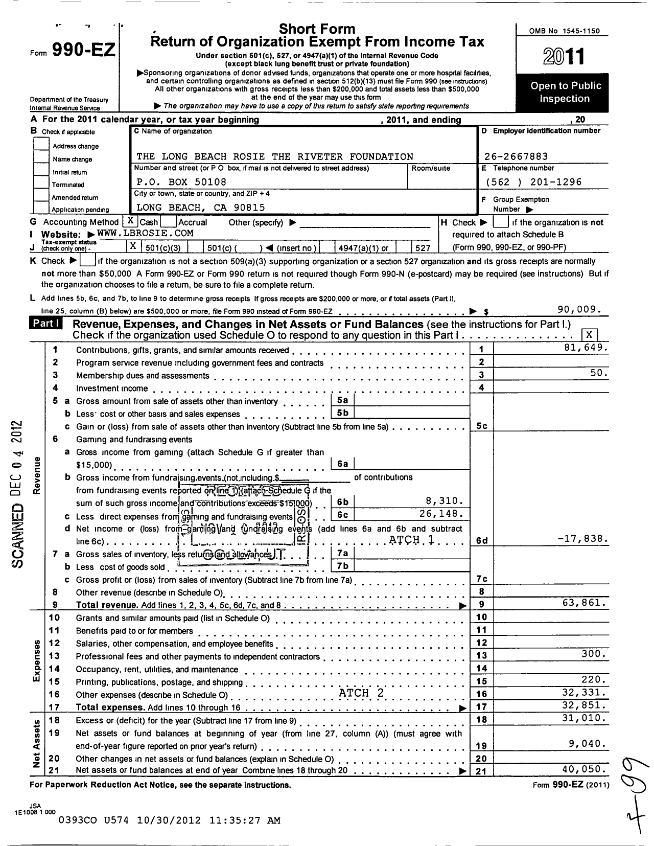 Image of first page of 2011 Form 990EZ for Long Beach Rosie the Riveter Foundation