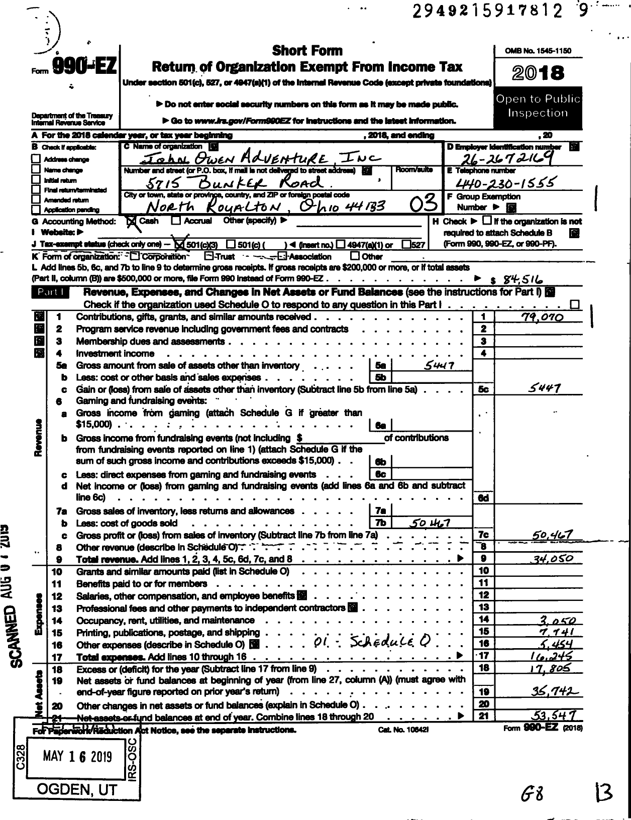 Image of first page of 2018 Form 990EZ for John Owens Adventure