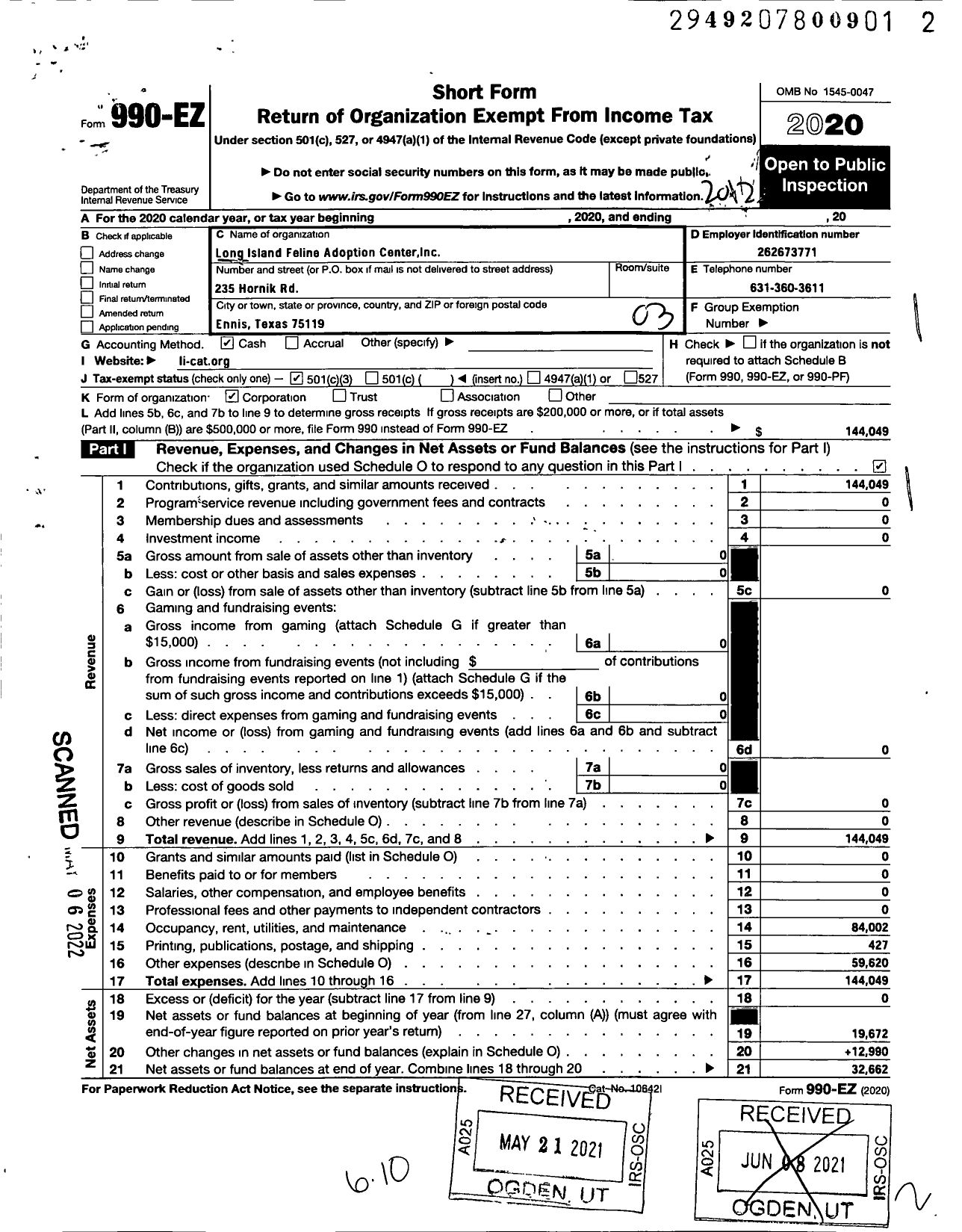 Image of first page of 2020 Form 990EZ for Long Island Feline Adoption Center