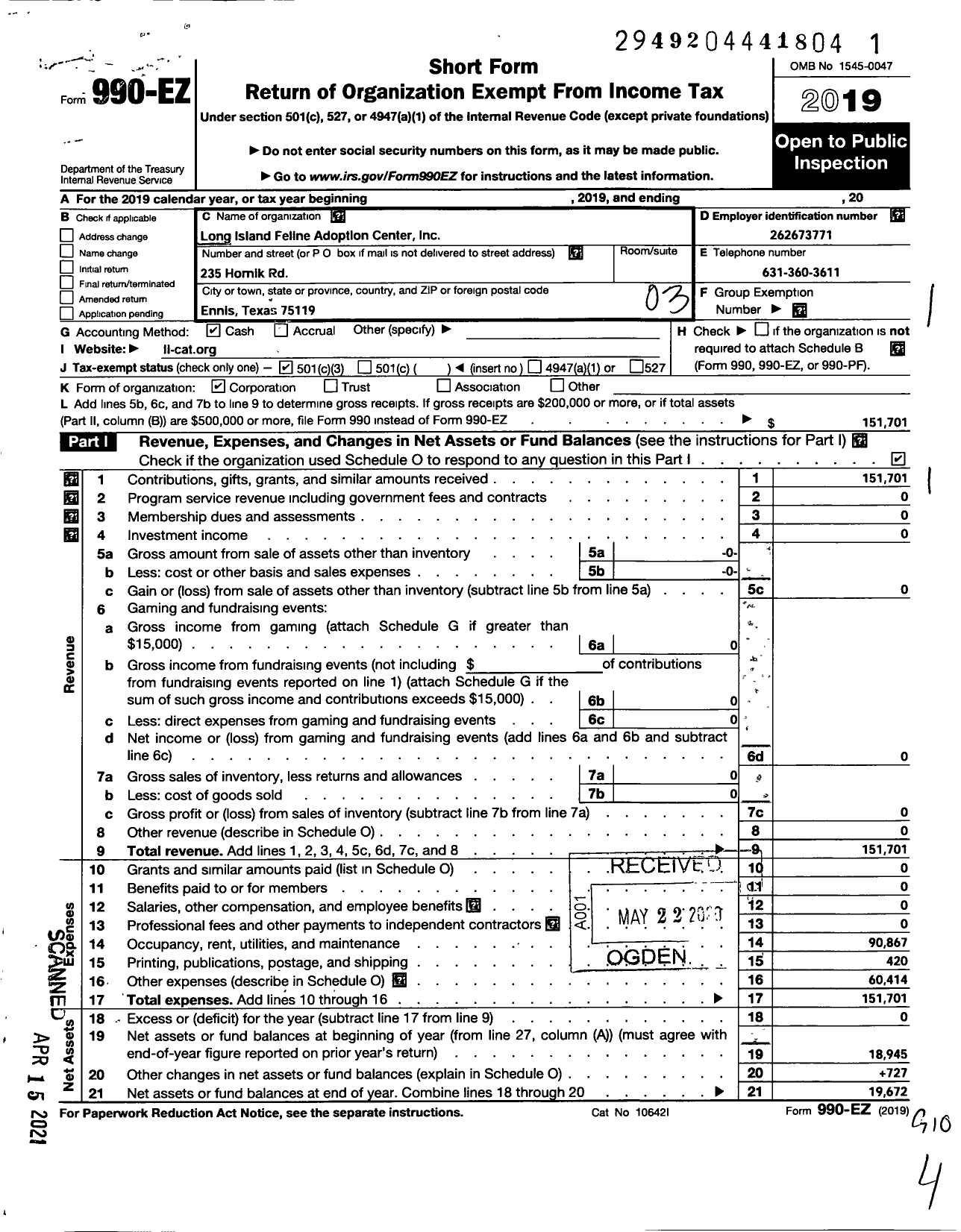 Image of first page of 2019 Form 990EZ for Long Island Feline Adoption Center