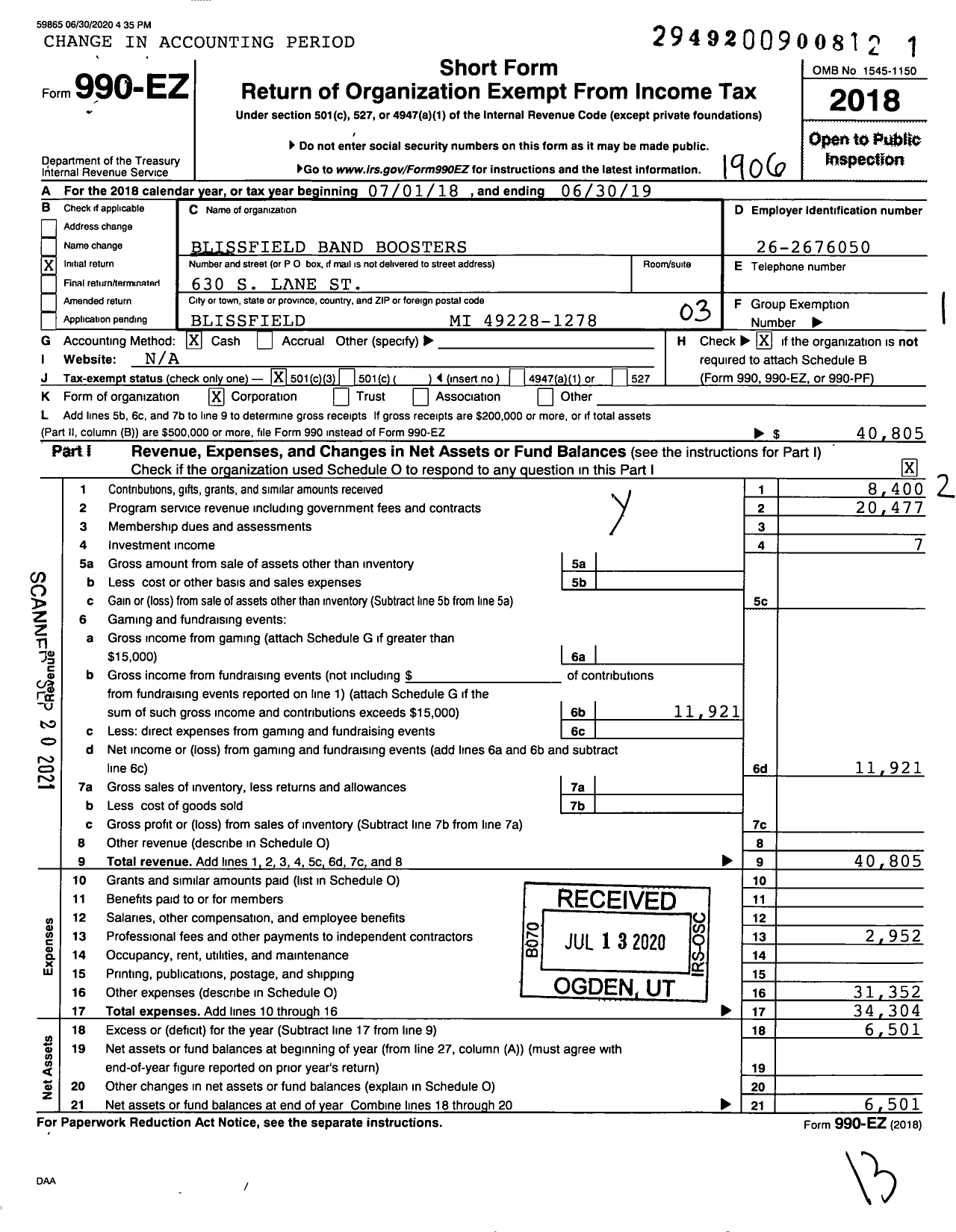 Image of first page of 2018 Form 990EZ for Blissfield Band Boosters