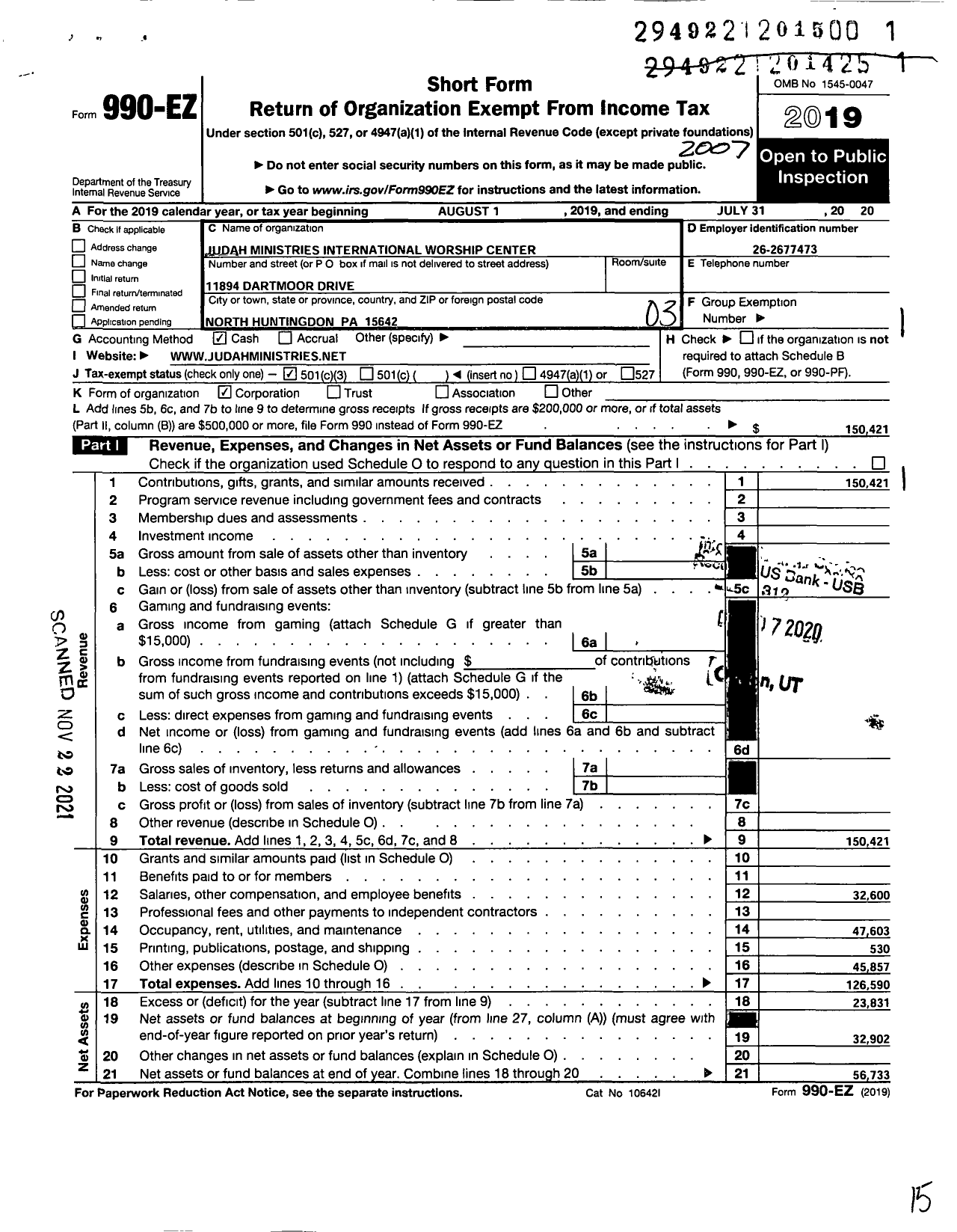 Image of first page of 2019 Form 990EZ for Judah Ministries International Worship Center