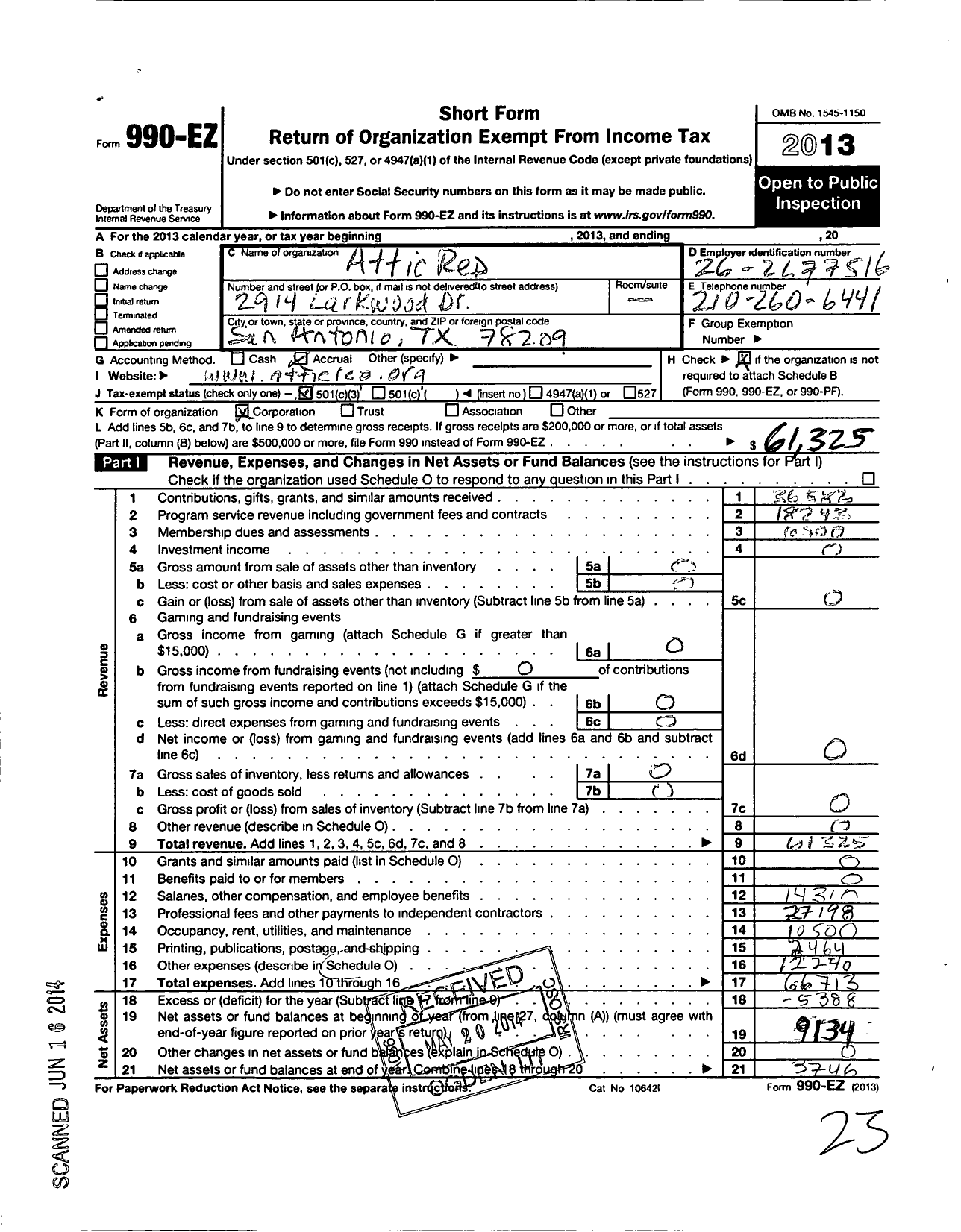 Image of first page of 2013 Form 990EZ for Atticrep