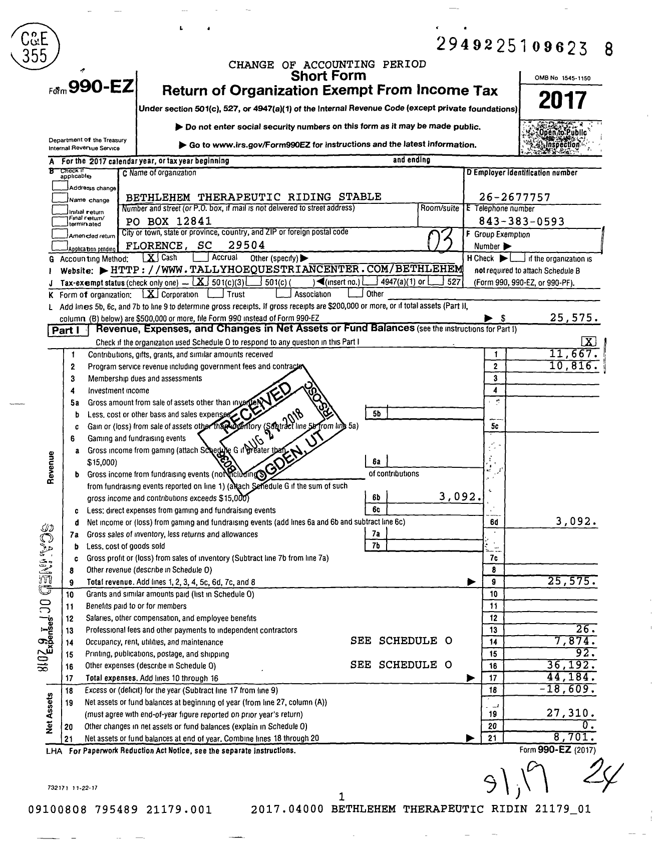 Image of first page of 2017 Form 990EZ for Bethlehem Therapeutic Riding Stable