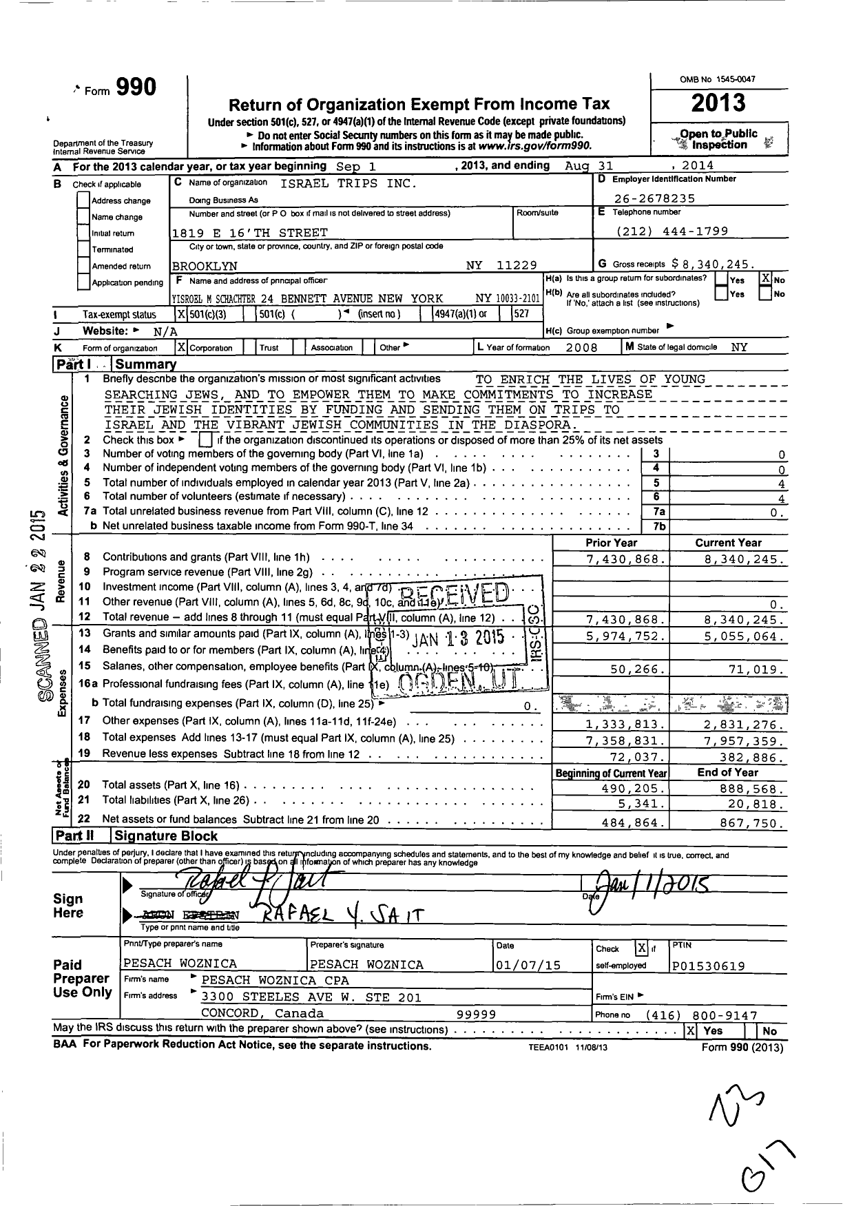 Image of first page of 2013 Form 990 for Israel Trips