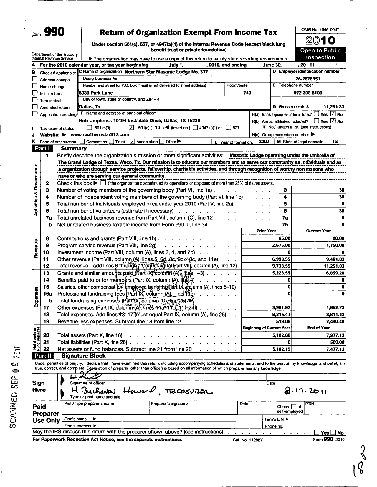 Image of first page of 2010 Form 990O for Freemasons in Texas - 377 Northern Star