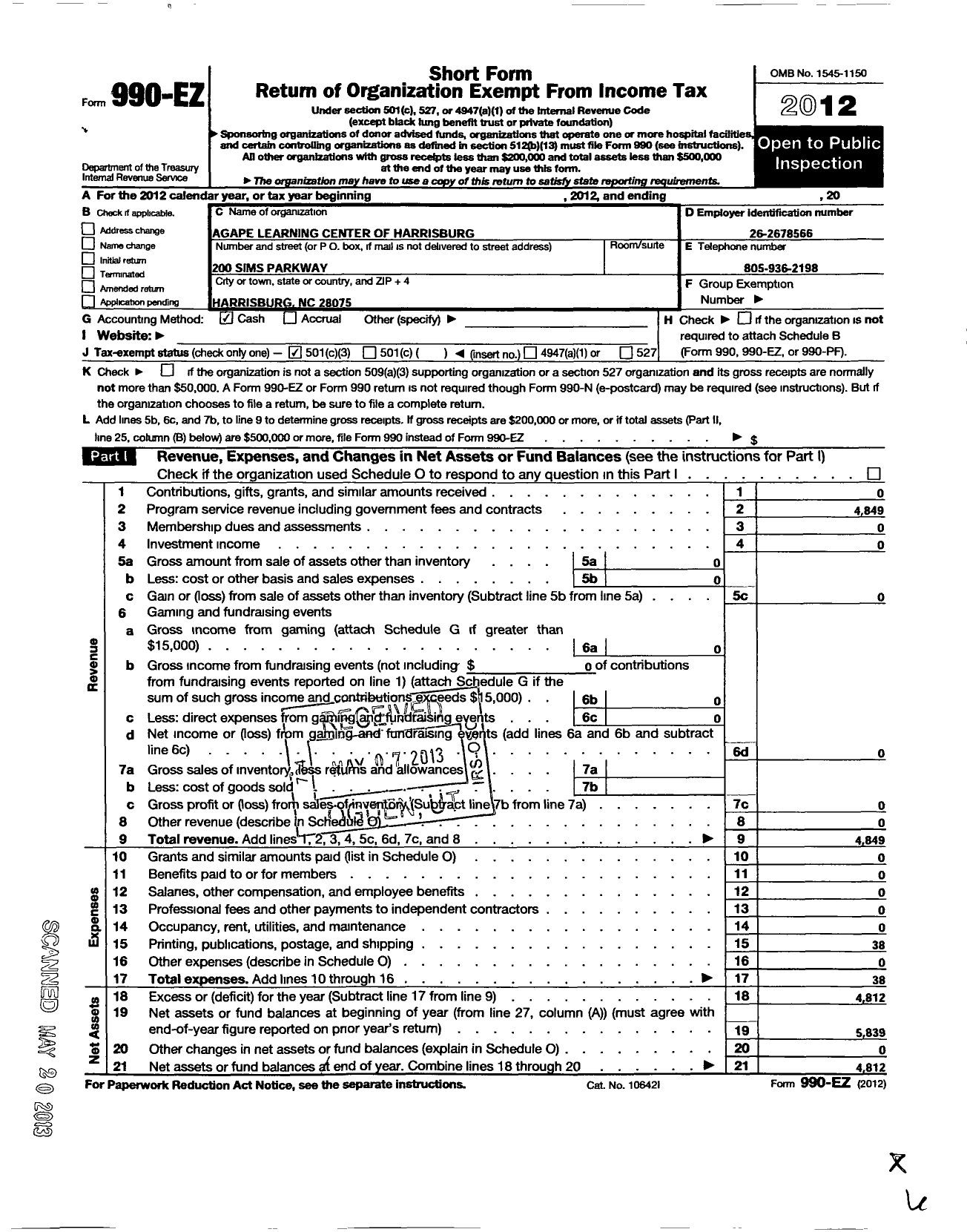 Image of first page of 2012 Form 990EZ for Agape Learning Center of Harrisburg