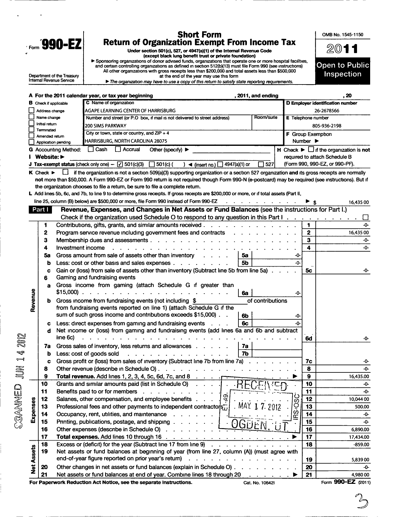 Image of first page of 2011 Form 990EZ for Agape Learning Center of Harrisburg