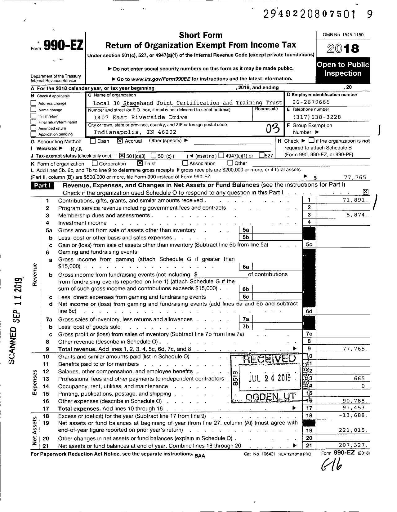 Image of first page of 2018 Form 990EZ for Local 30 Stagehand Joint Certification and Training Trust