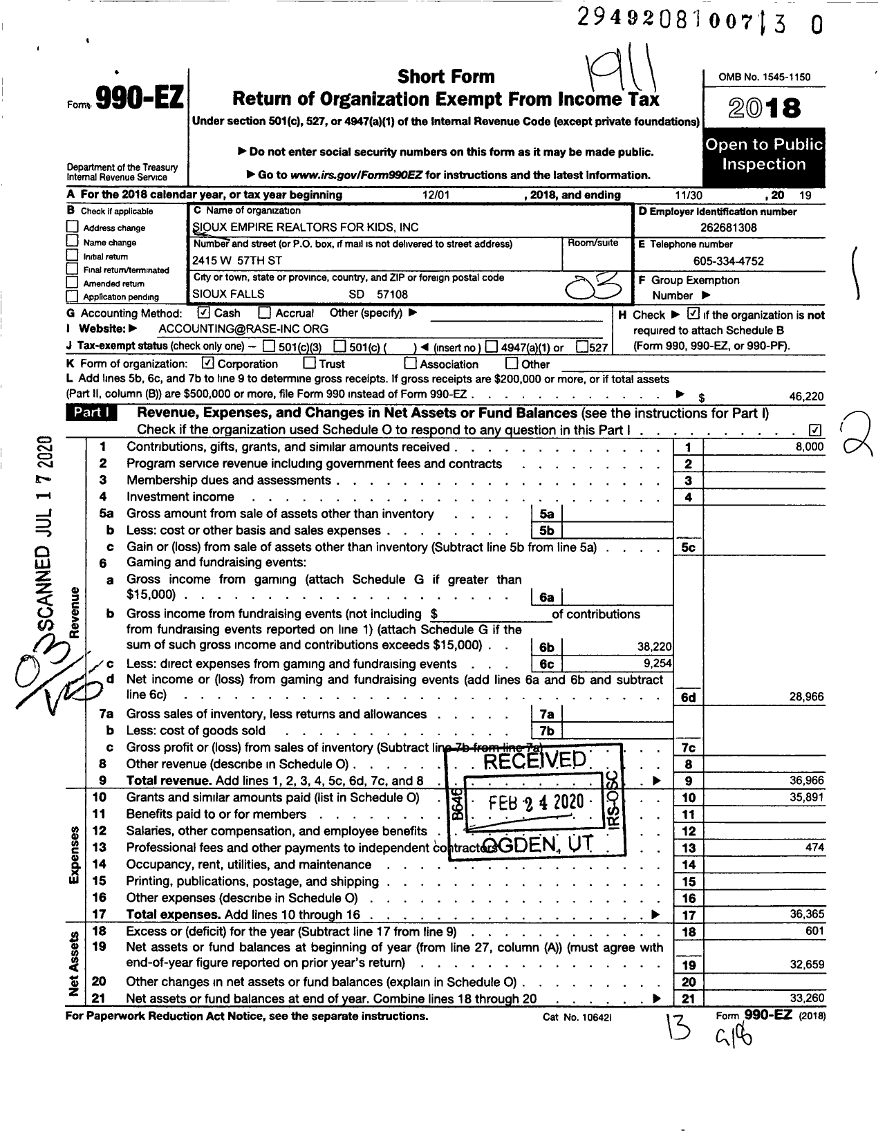 Image of first page of 2018 Form 990EZ for Sioux Empire Realtor for Kids