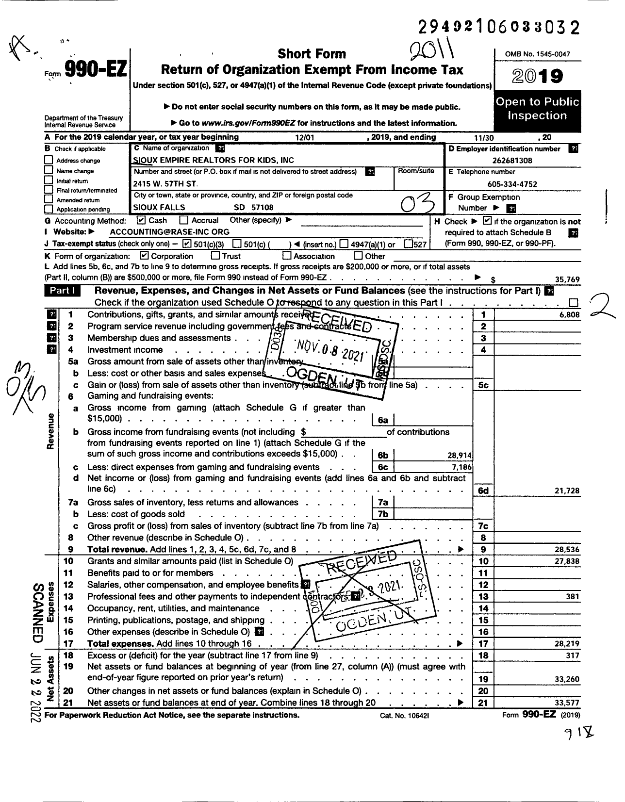 Image of first page of 2019 Form 990EZ for Sioux Empire Realtor for Kids