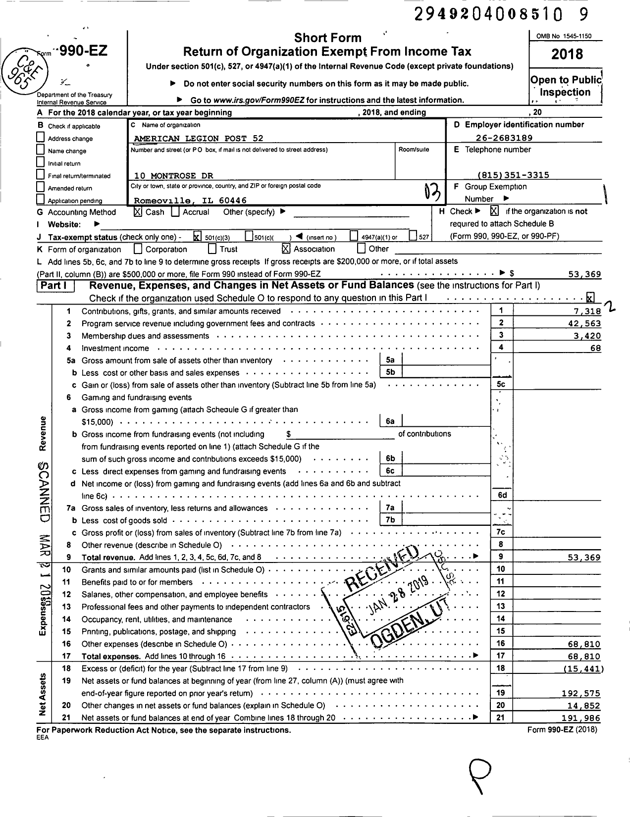 Image of first page of 2018 Form 990EZ for American Legion Post 52