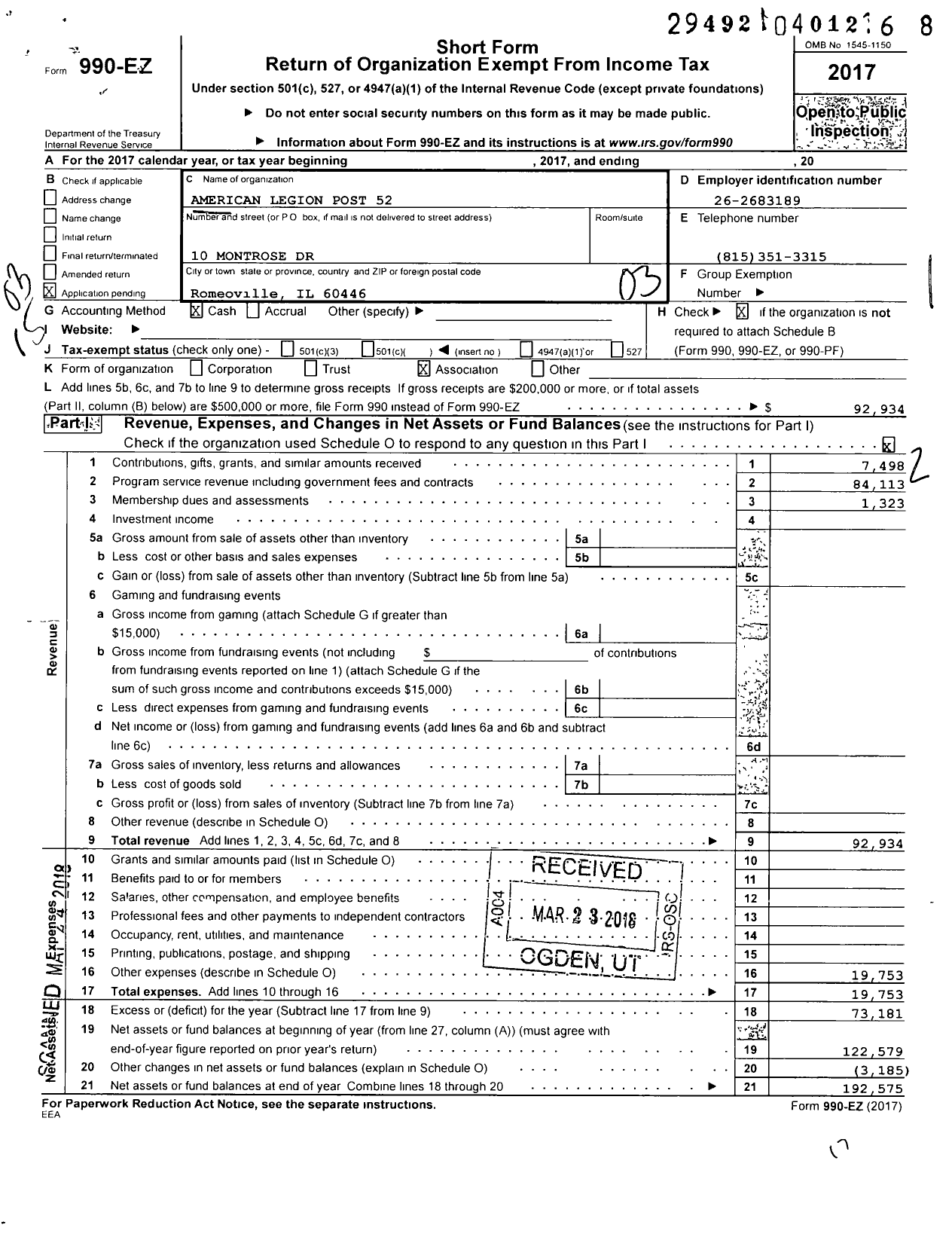 Image of first page of 2017 Form 990EZ for American Legion Post 52