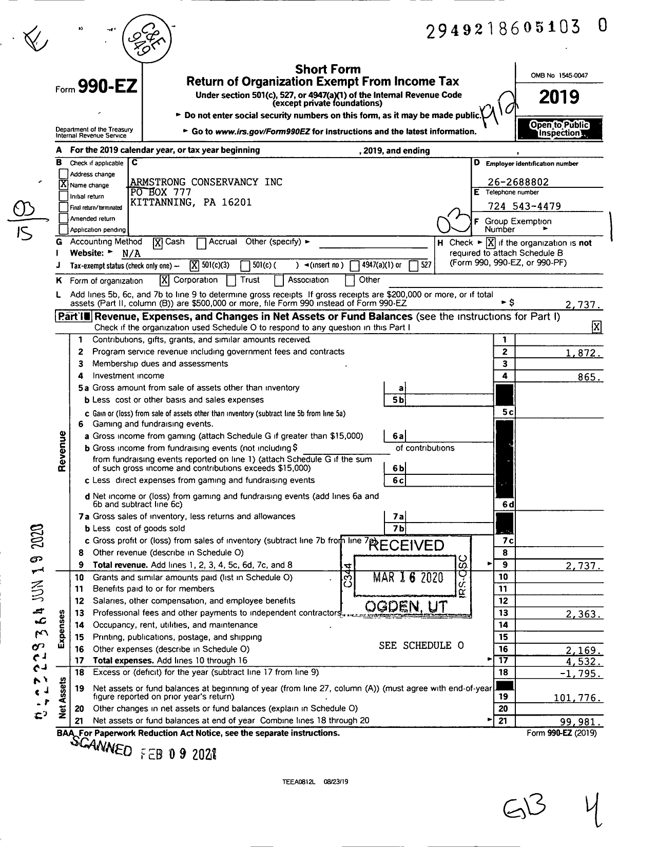 Image of first page of 2019 Form 990EZ for Armstrong Conservancy