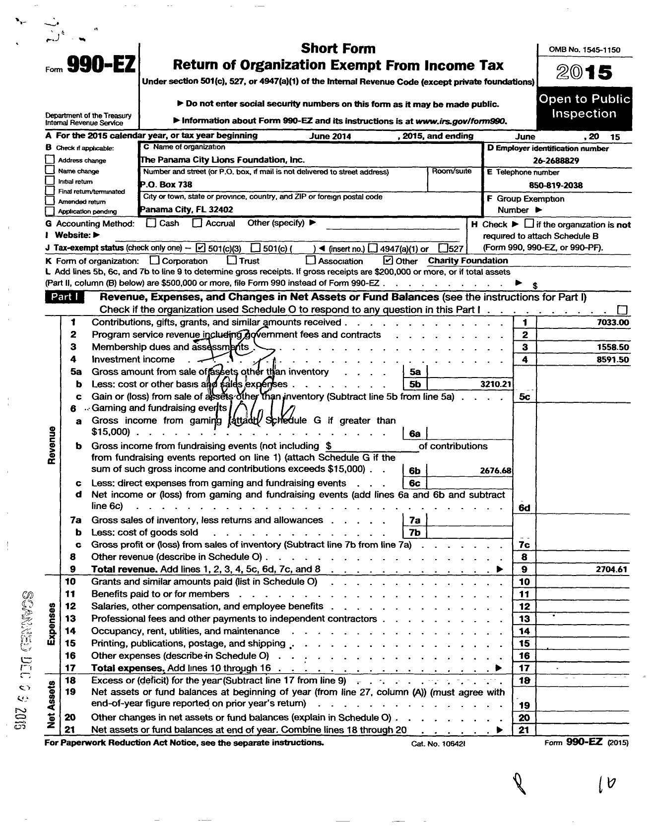 Image of first page of 2014 Form 990EZ for Panama City Lions Foundation