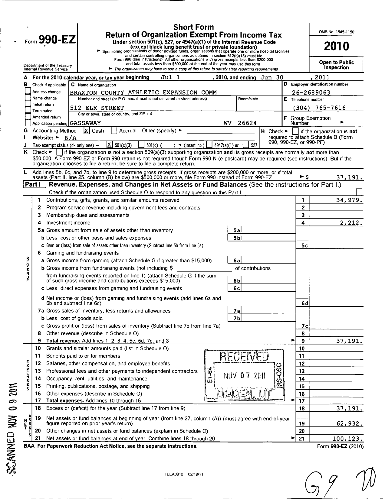 Image of first page of 2010 Form 990EZ for Braxton County Athletic Expansion Commision